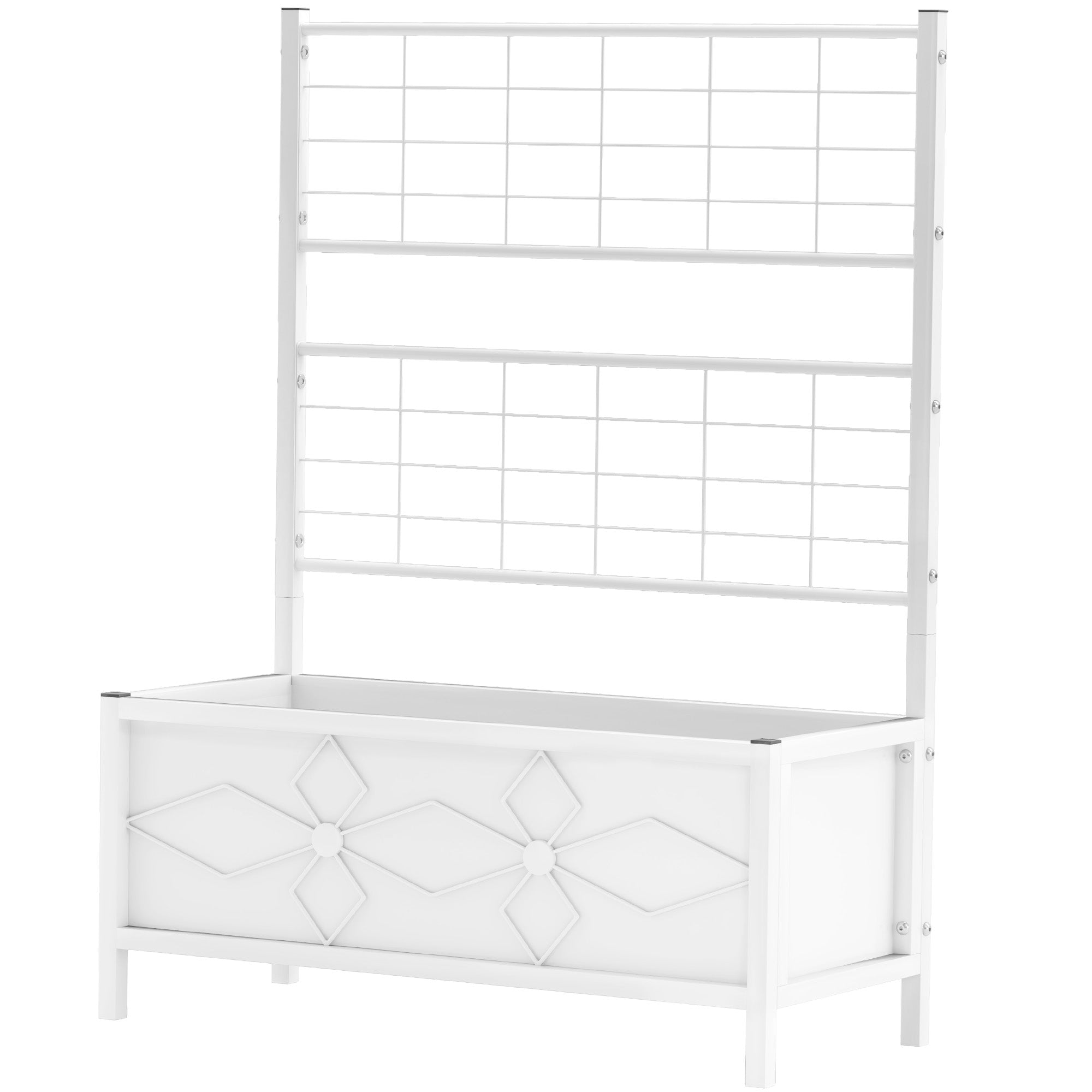 Outdoor Planter Box Galvanized Raised Garden Bed with Trellis for Climbing Vines, 35.4" x 15.7" x 47.2", White - White