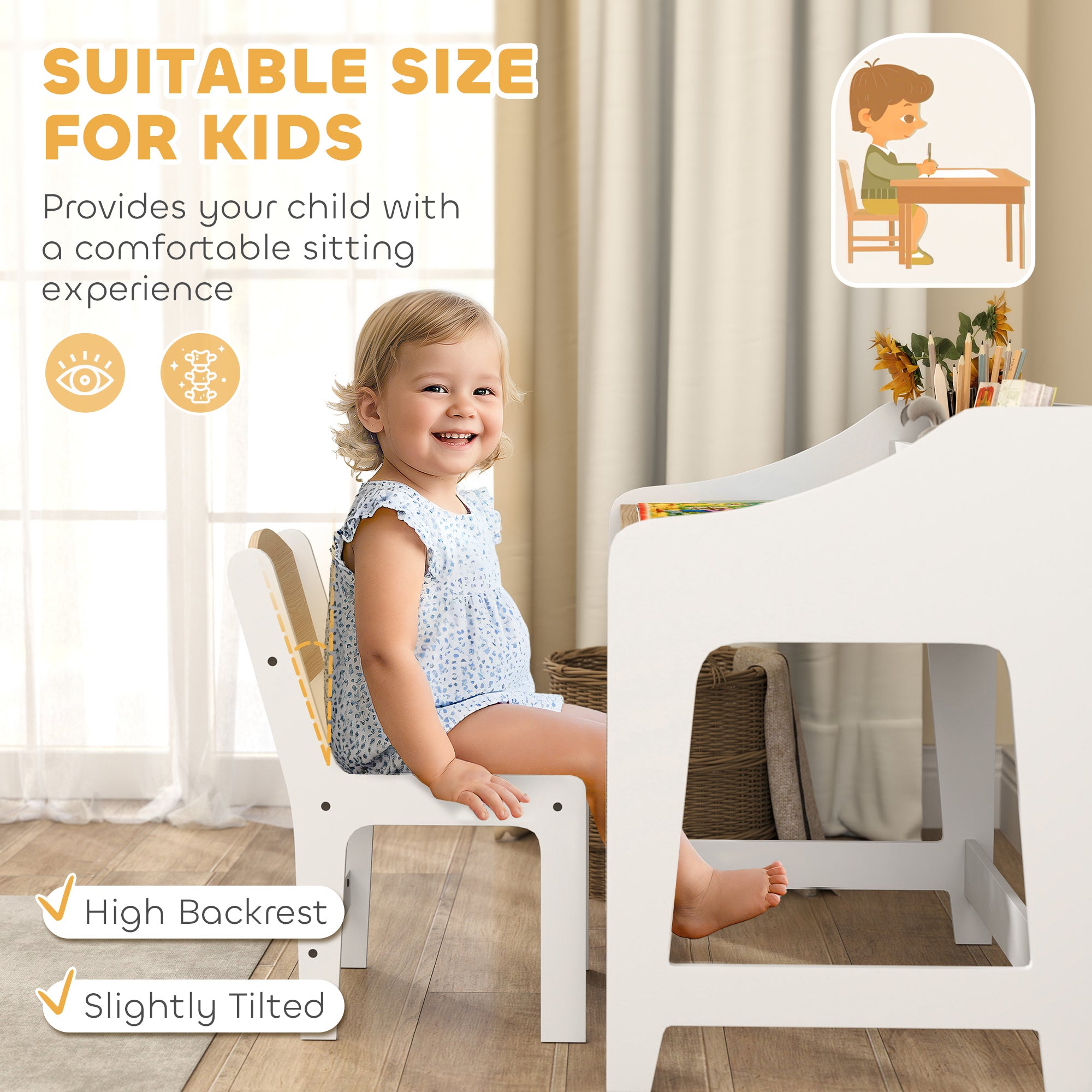 Kids Desk and Chair Set with Storage and Shelves, for Bedroom & Study Room, Gift for 3-8 Years Old, Natural Wood