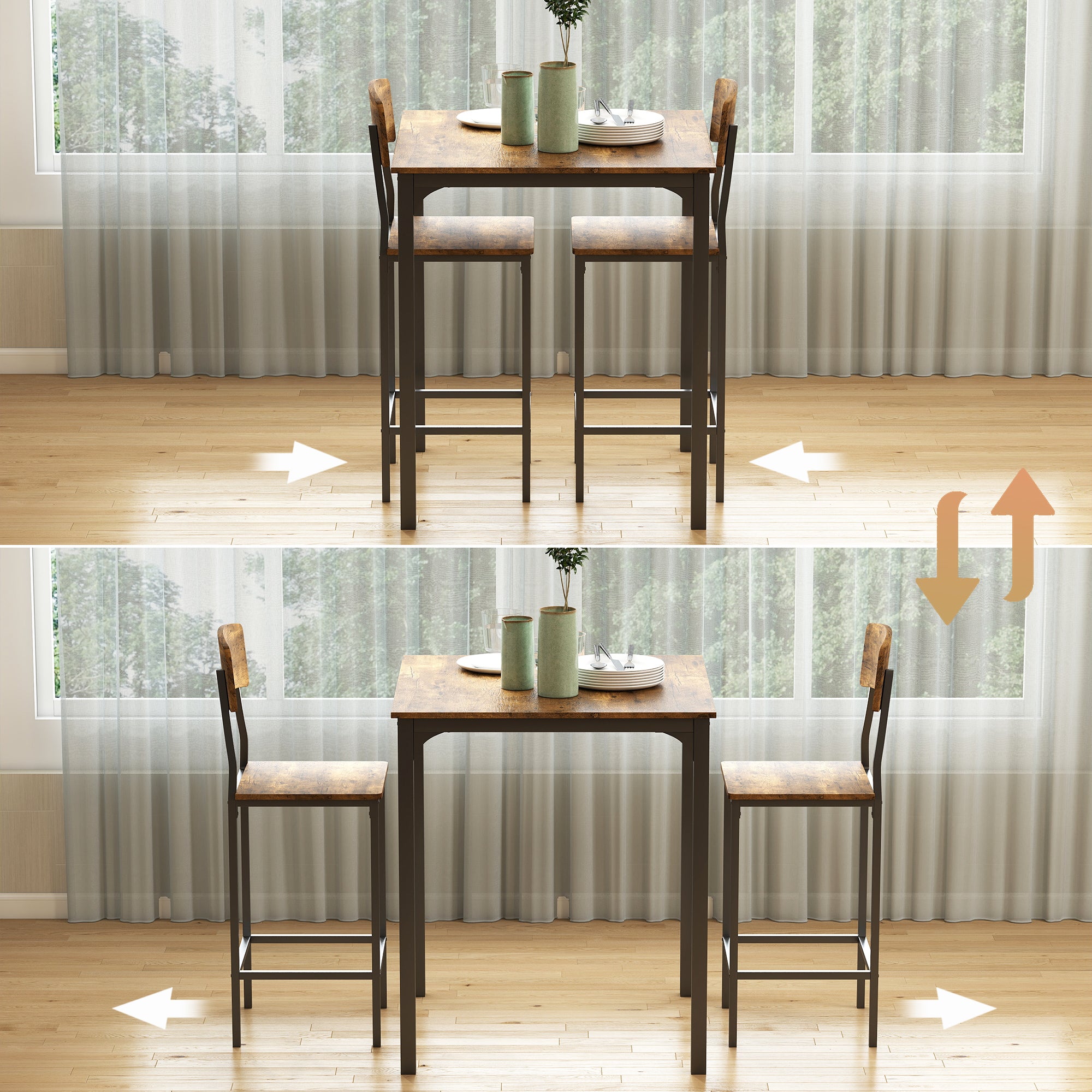 3 Piece Pub Table and Chairs, Small Kitchen Table and Chairs, Square Dining Table with 2 Stools, Rustic Brown and Black