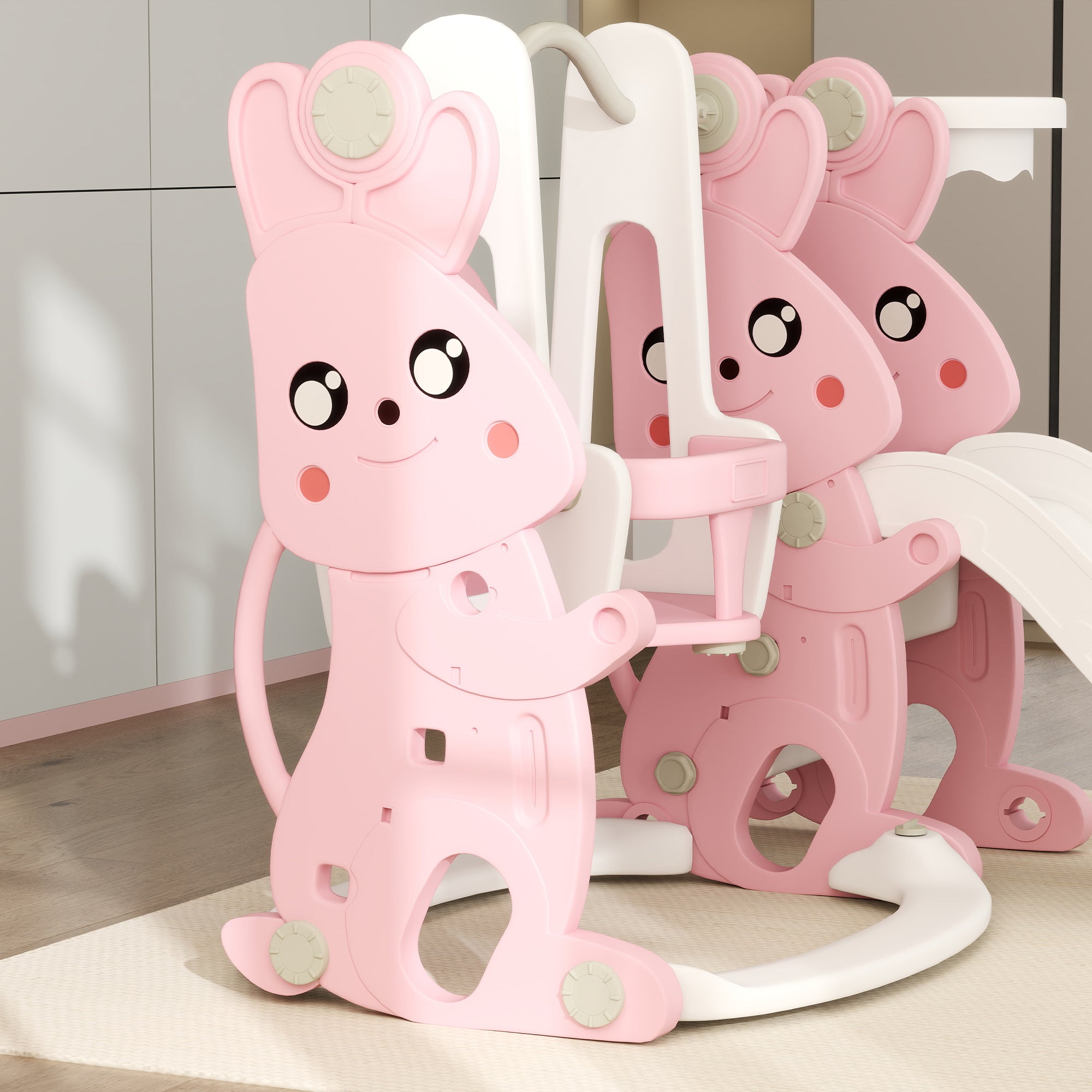 4 in 1 Toddler Slide and Swing Set with Climber, Basketball Hoop, Rabbit Themed Kids Playset for Ages 1.5-4, Pink