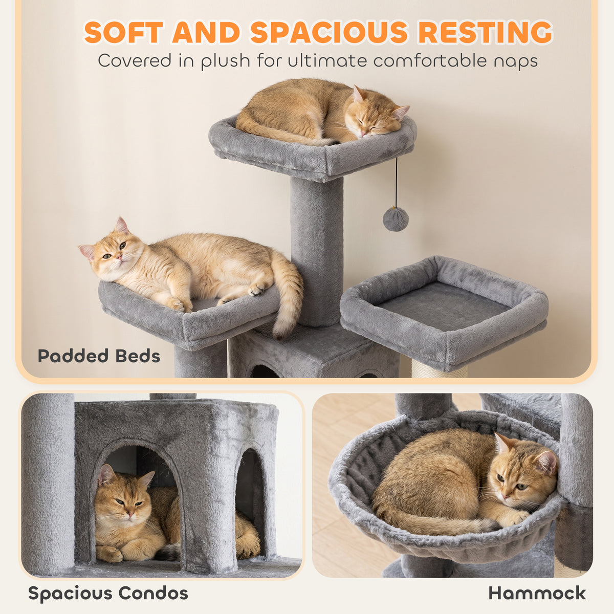 72" Cat Tree, Large Cat Tower with 2 Condos, 3 Padded Beds, Hammock, 3 Scratching Posts and Ladder