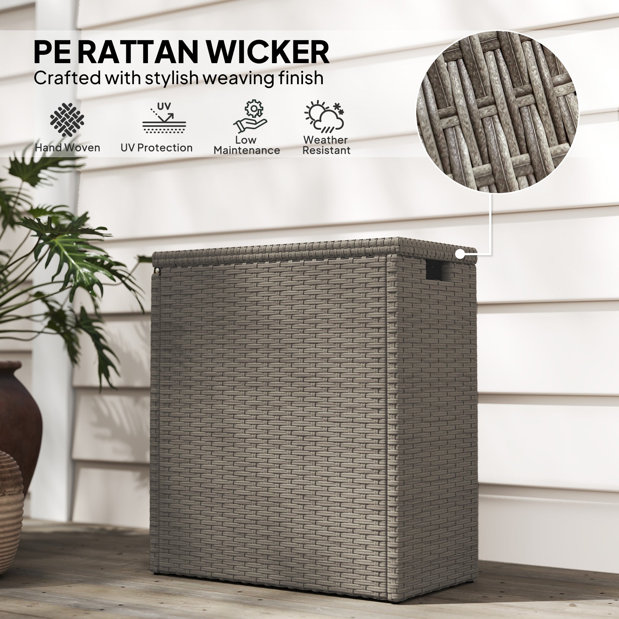 17-Gallon Small Deck Box, Wicker Outdoor Storage Box with Acacia Wood Top for Patio Cushions and Garden Tools, Teak - Teak - Image 7