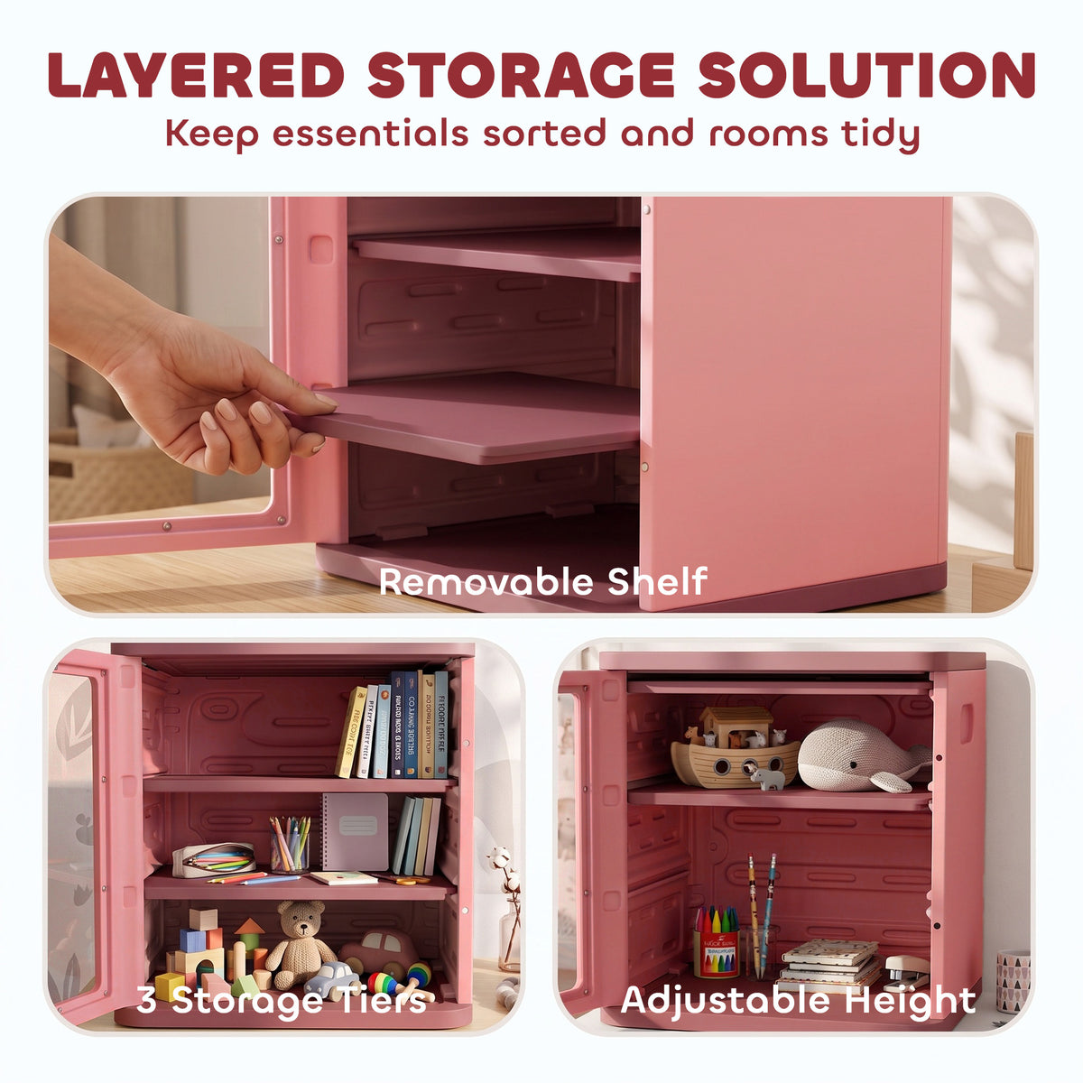 Toy Storage Organizer, 3 Tier Adjustable Toy Storage Cabinet Dustproof HDPE Plastic, Transparent Door, Pink
