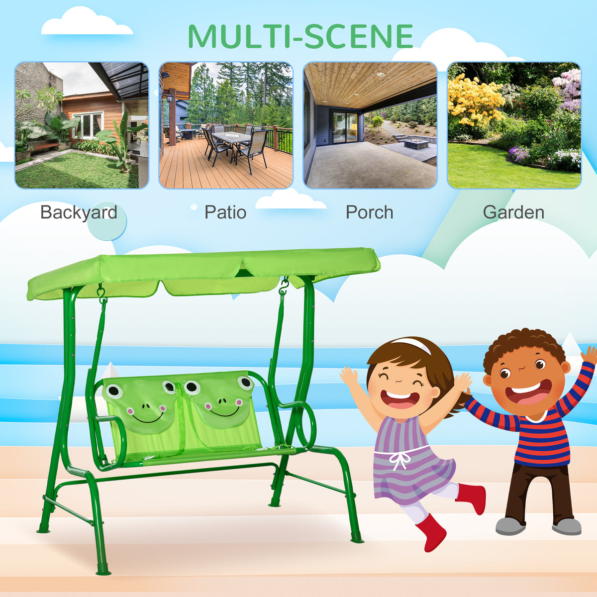 Kids Patio Swing, Adjustable Canopy Swing Glider, Kids Outdoor Swing Chair with 2 Seats, Seat-Belted Safety, Green