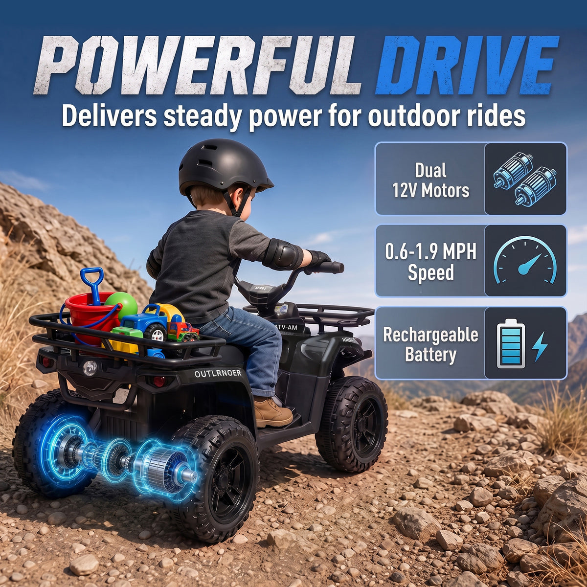 12V Ride on ATV, 4 Wheeler for Kids with Dual Motors, Soft Start, Battery Display, Music, Lights for 3-8 Years, Black