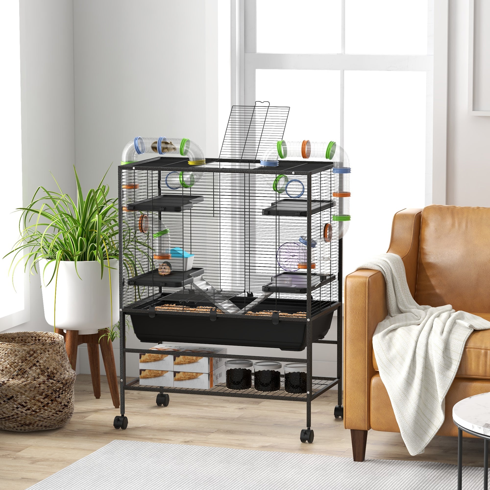 Small Animal Cage for Syrian Hamster, Gerbil Cage with Tubing System, Running Wheel, Ramps, Platforms - Black - Image 2