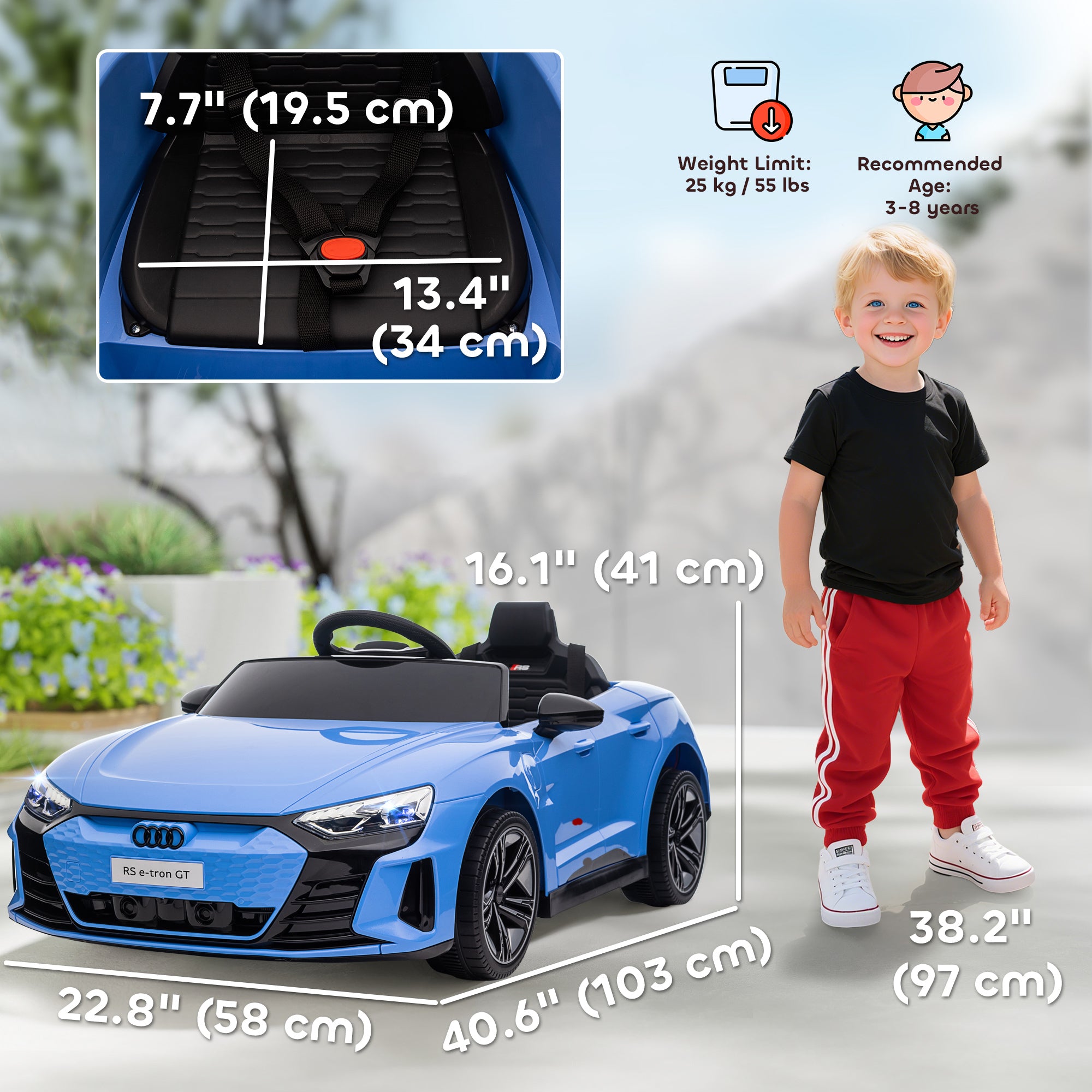 Electric Car for Kids, 12V Licensed Audi RS E-tron GT 3.1 MPH Kids Ride on Car, Ride-on Toy with Remote Control, 4 Suspension Wheels, Horn, Music, Lights, for Boys and Girls, Blue