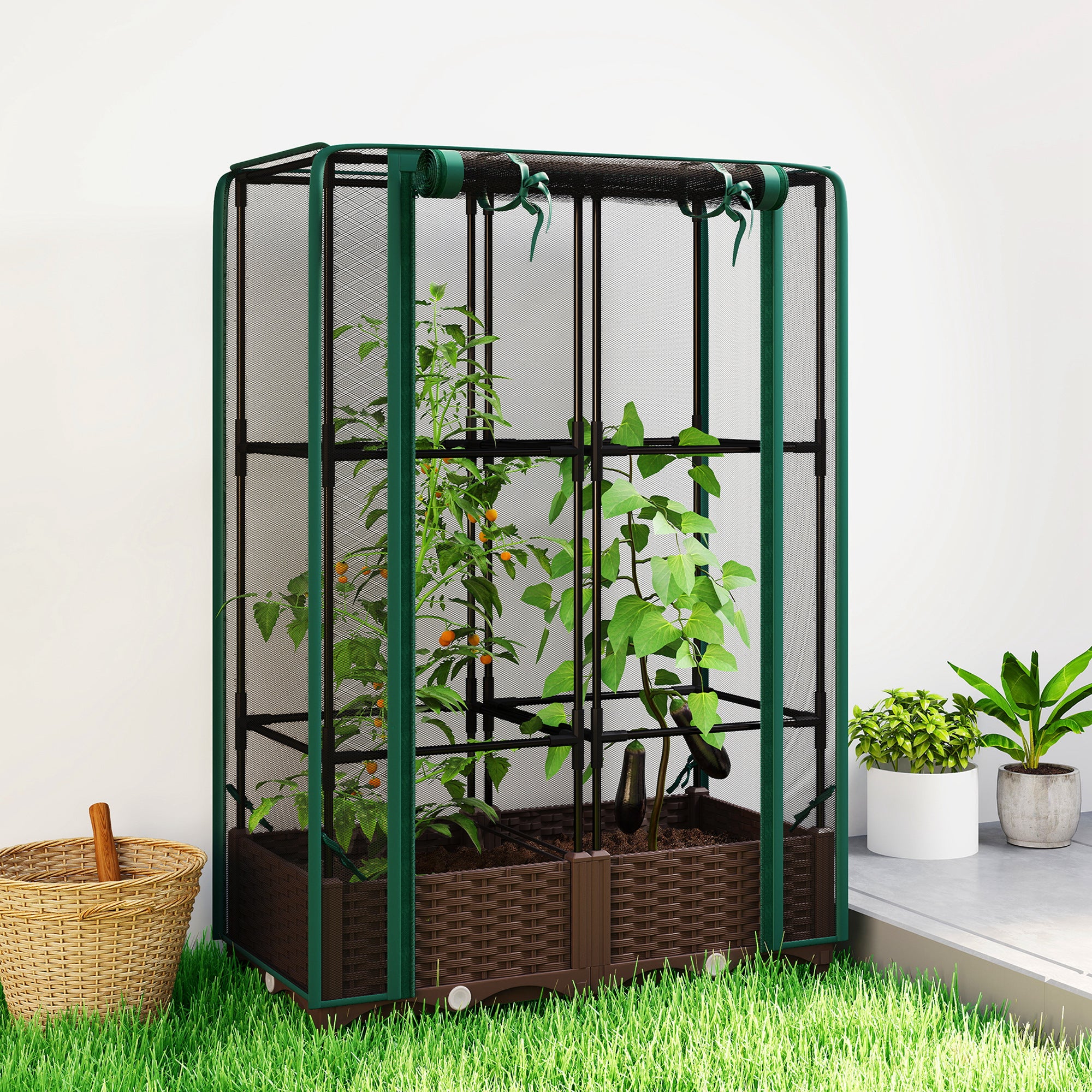 Raised Garden Bed with Trellis, 46.5" Tomato Cage with Crop Cage, Self Watering Planter Box with Drainage Holes, Green - Green - Image 2