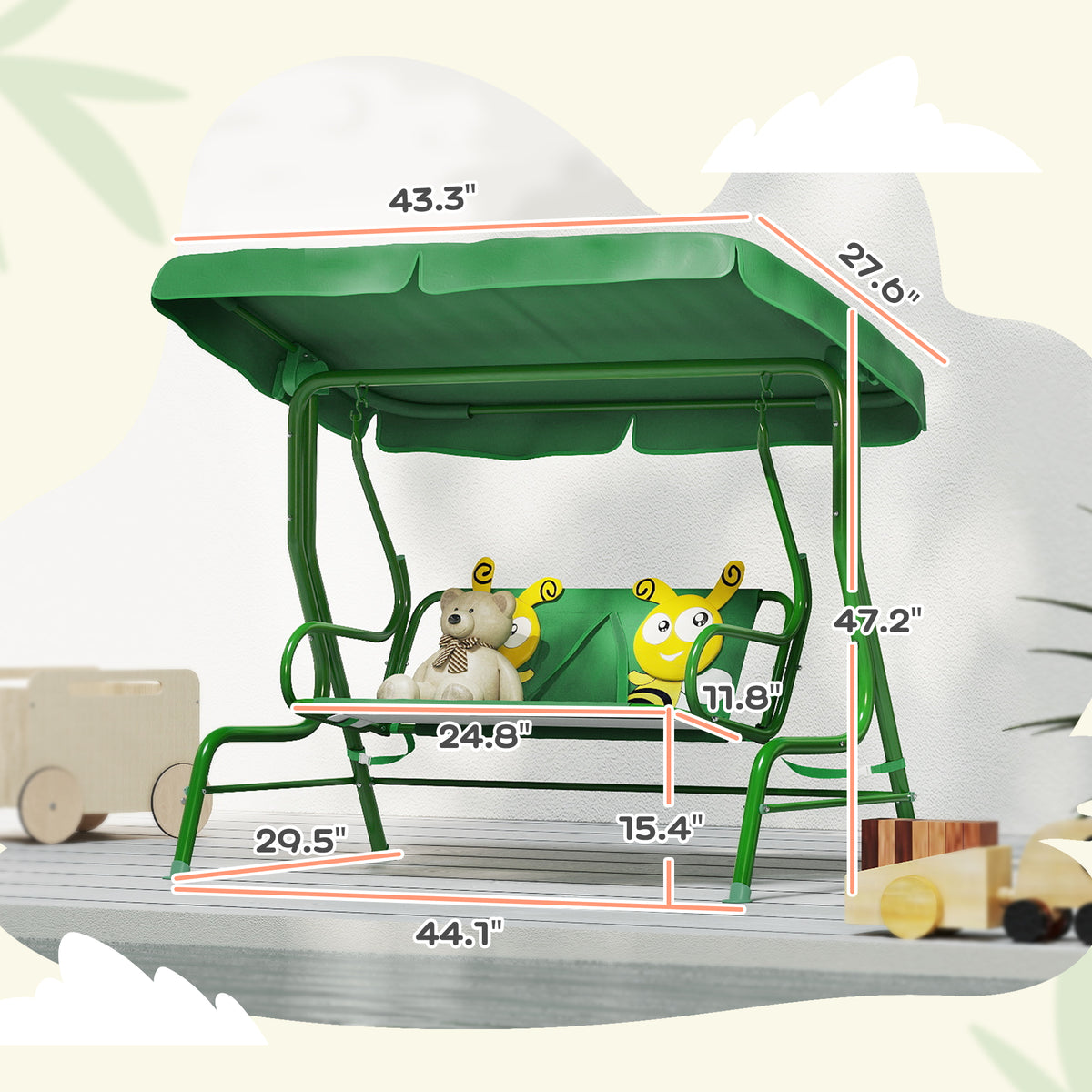 Qaba Kids Patio Swing Chair with Adjustable Canopy, Safety Belt for Patio, Garden, Poolside, Balcony, Dark Green