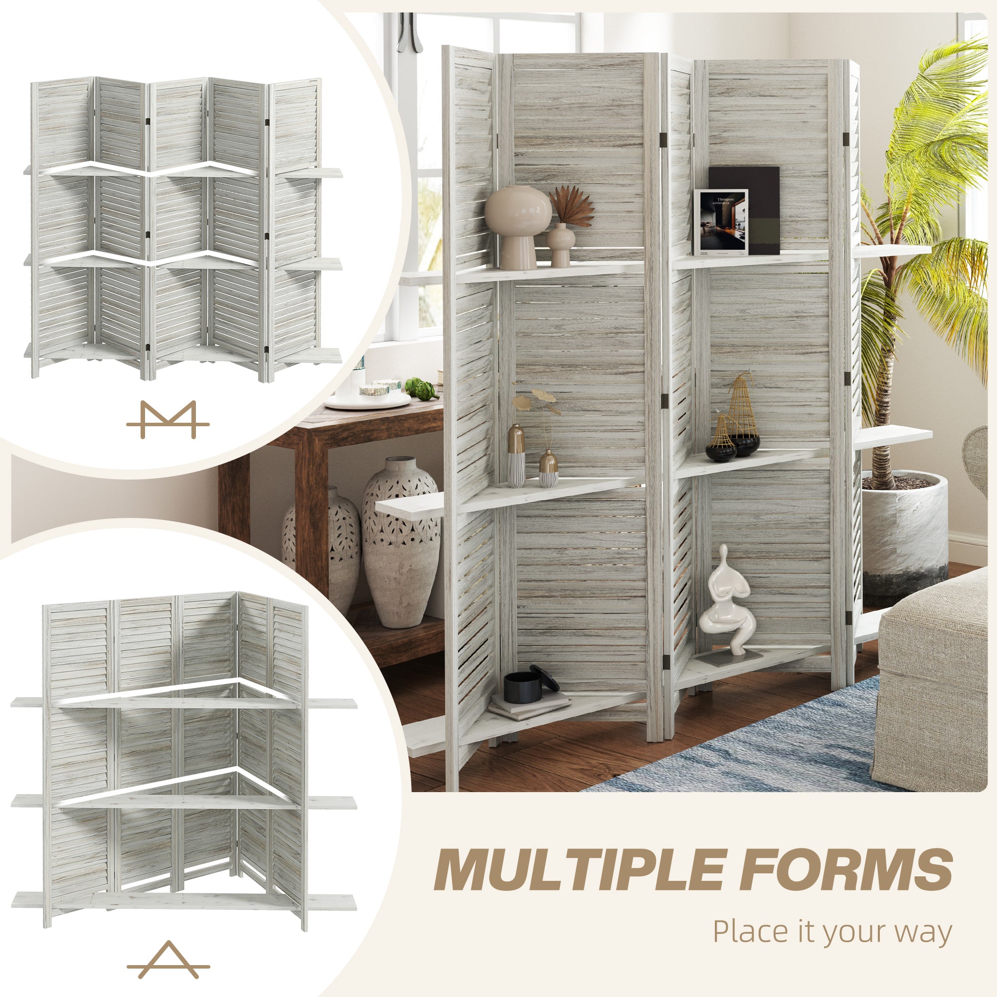 5 Panel 67" Tall Wood Privacy Screen Room Divider with 3 Shelves and Folding Storage for Bedroom, Distressed White