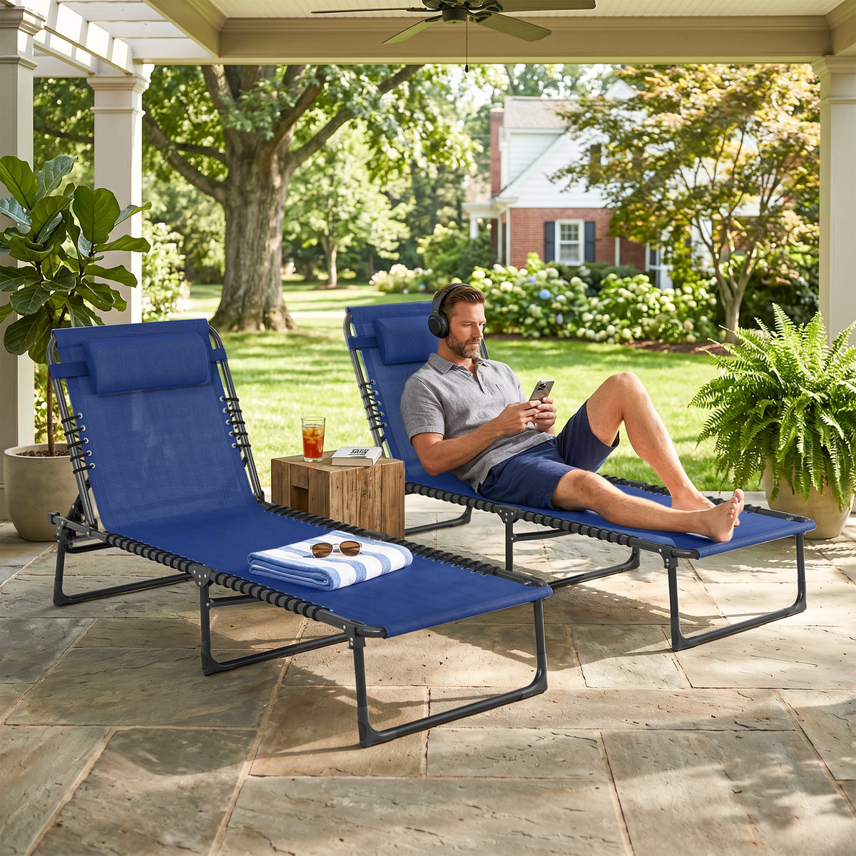 2 Folding Chaise Lounge Pool Chairs with 4-Position Reclining Back, Pillow, Breathable Mesh & Bungee Seat, Blue