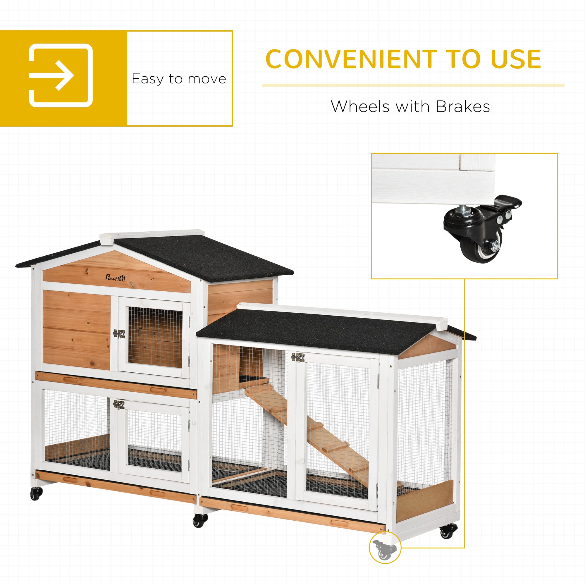 62" Wooden Mobile Rabbit Hutch with Wheels, Run Box, Slide-out Tray, Ramp, Yellow - Natural Wood - Image 5
