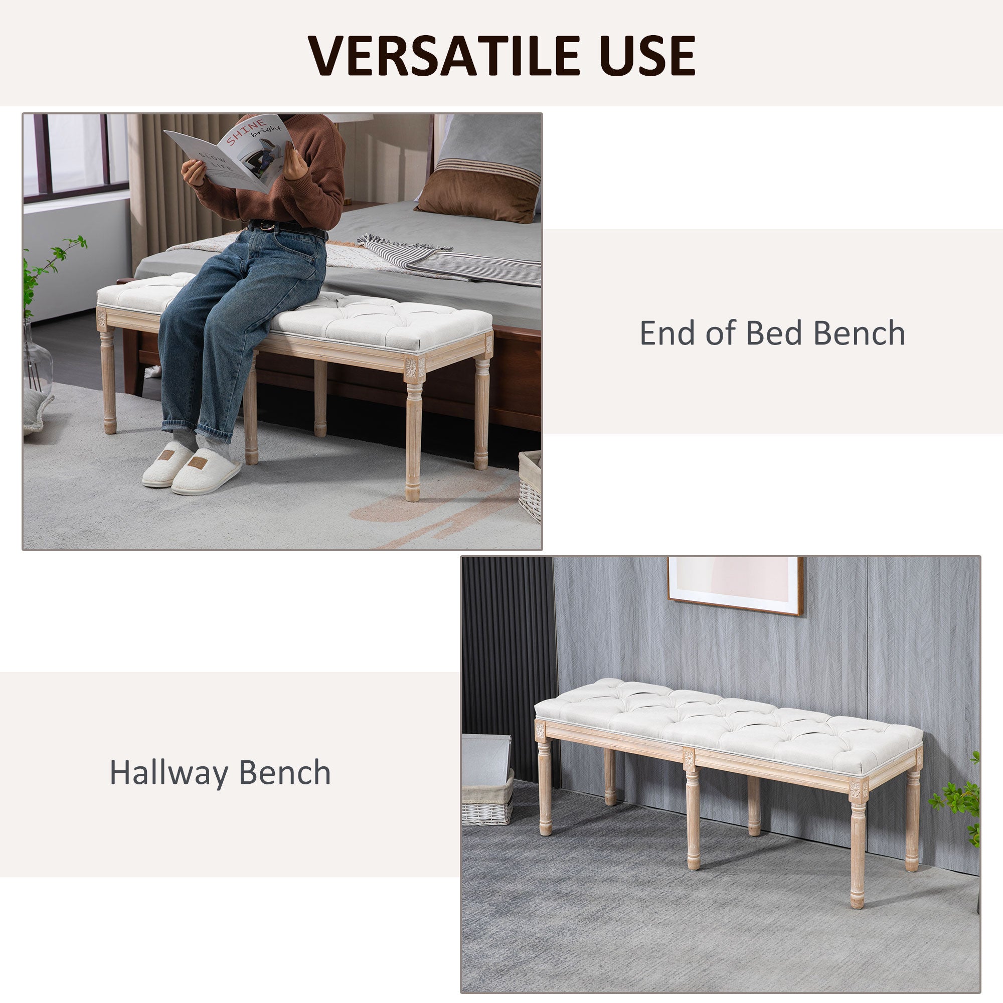 46" Linen Upholstered Bedroom Bench, French End of Bed Bench with Thick Padded Cushion and Wooden Legs, Cream White