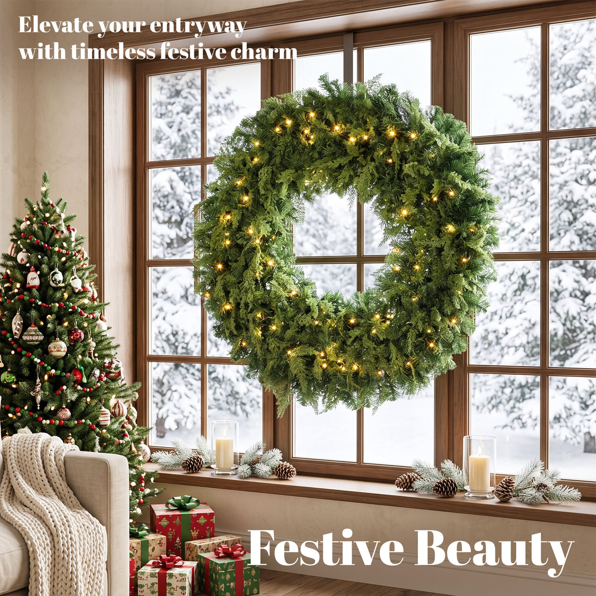 48" Prelit Crestwood Spruce Artificial Christmas Wreath, Christmas Decor with Bow, LEDs, 8 Modes, Realistic Tips