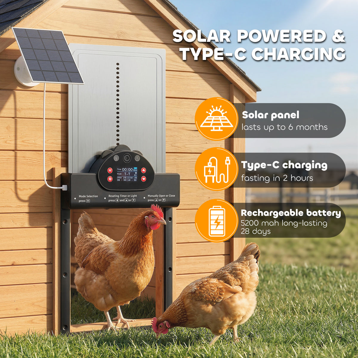 2K HD AI Camera Automatic Chicken Coop Door with APP Remote Control, WiFi Solar Powered with 5200 mAh Large Battery