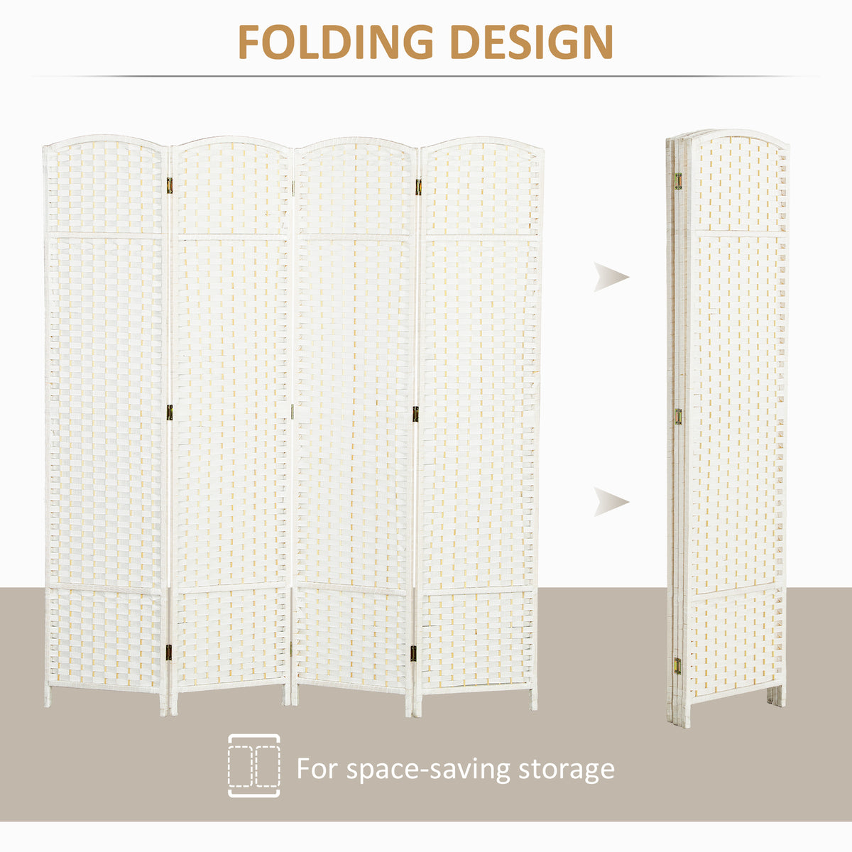 Folding Room Divider Screen 4 Panel 5.6 ' Tall Privacy Screen Freestanding Room Partition for Home Office, White