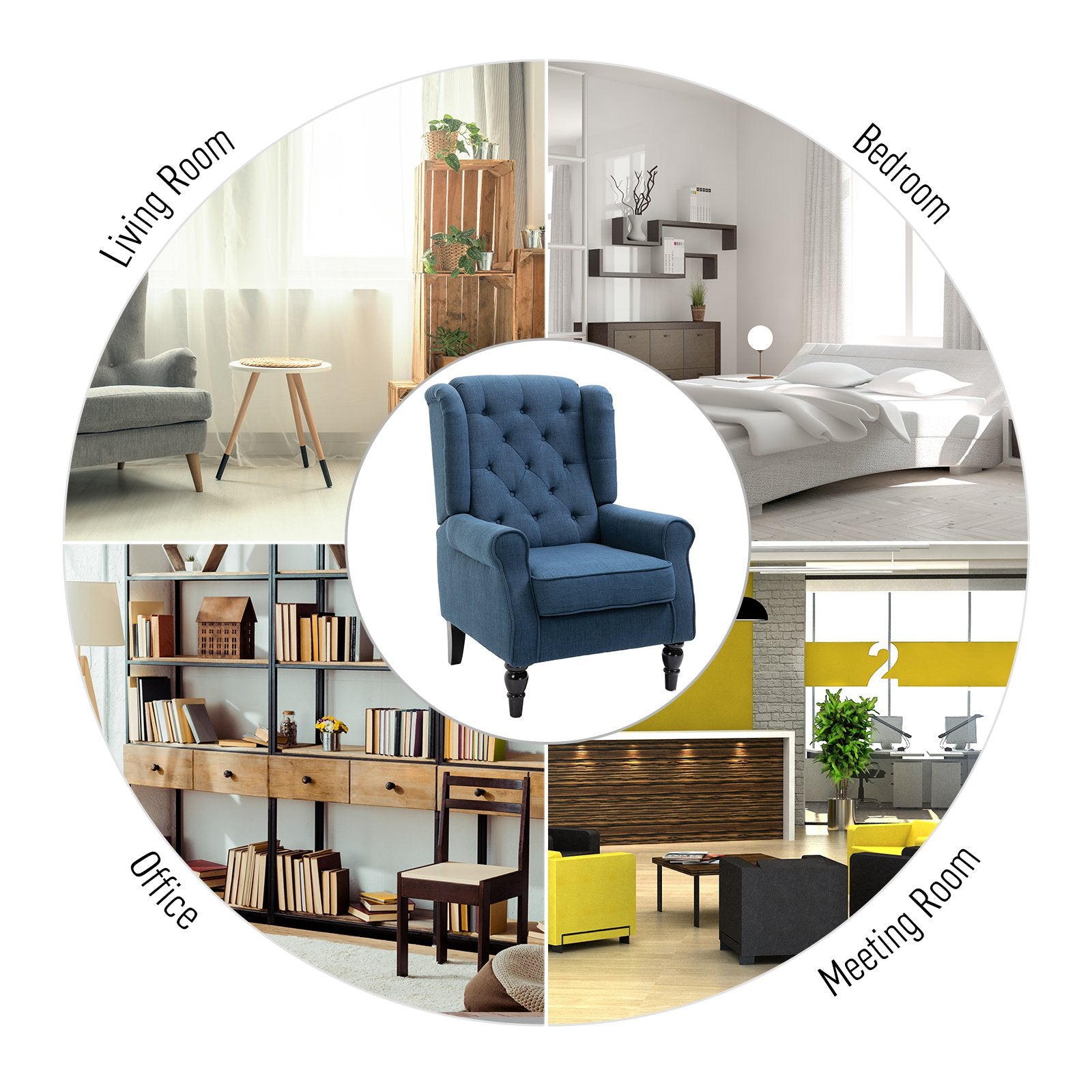 Fabric Tufted Club Accent Chair with Wooden Legs, Blue