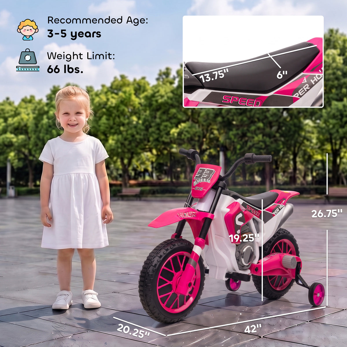12V Kids Motorcycle with Dual Motors, Training Wheels, Rear Suspension, Soft Start, Max Speed 5 MPH, for 3-6 Years, Pink