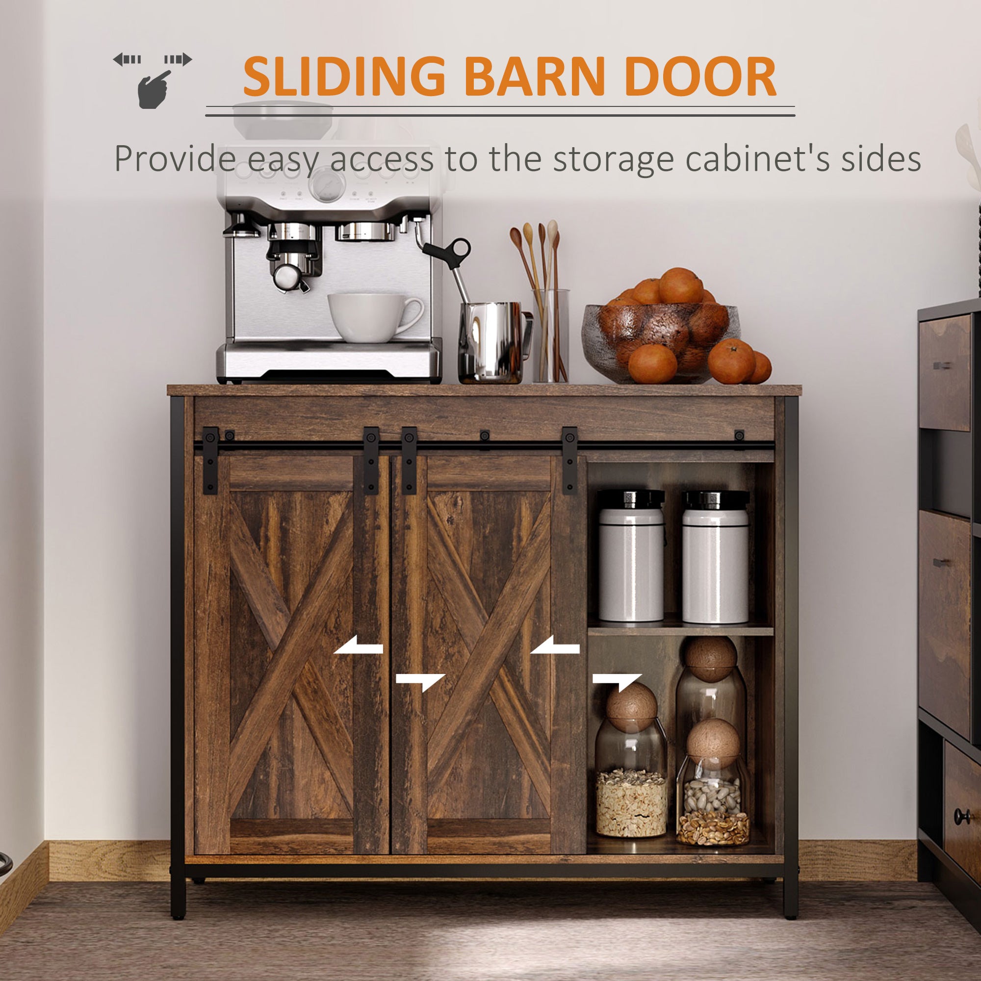 Industrial Sideboard Buffet Cabinet, Coffee Bar Cabinet, Kitchen Cabinet with Sliding Barn Doors, Storage Cabinets and Adjustable Shelves for Living Room, Home Bar, Rustic Brown