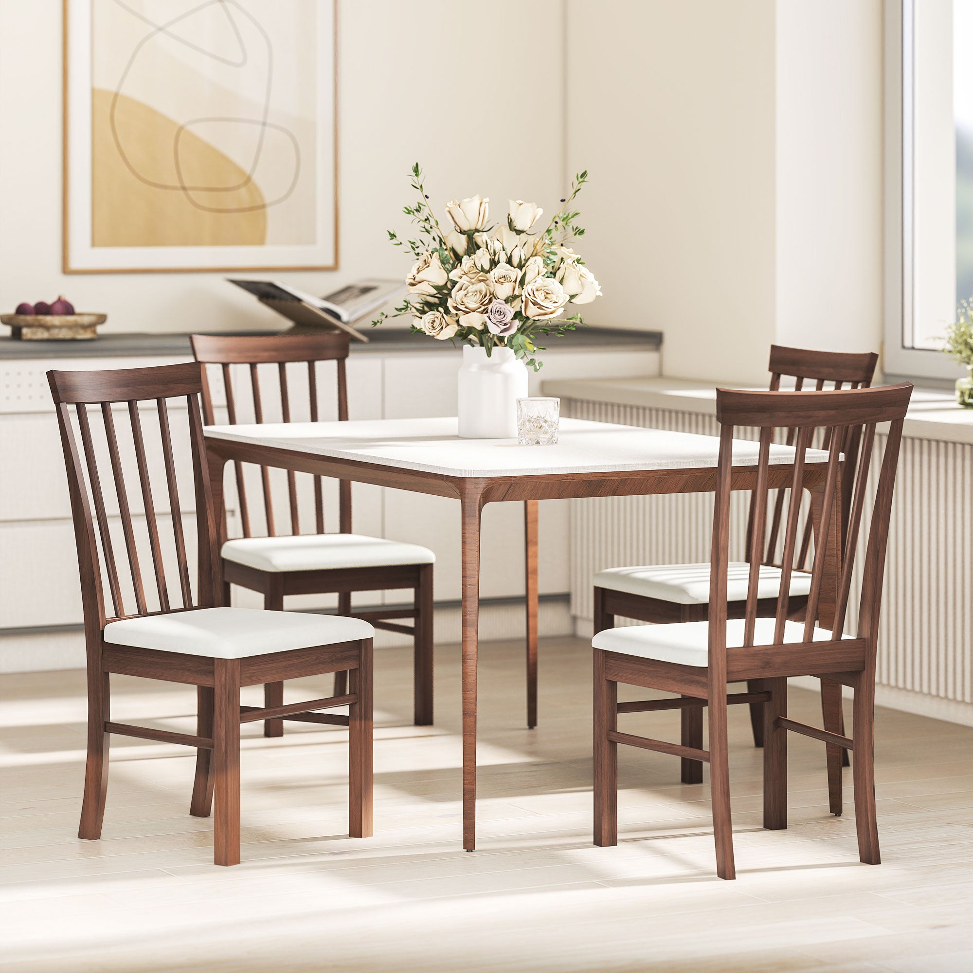 Wooden Dining Chairs Set of 4, Farmhouse Upholstered Kitchen Chairs with Rubber Wood Frame, Dark Brown and Beige