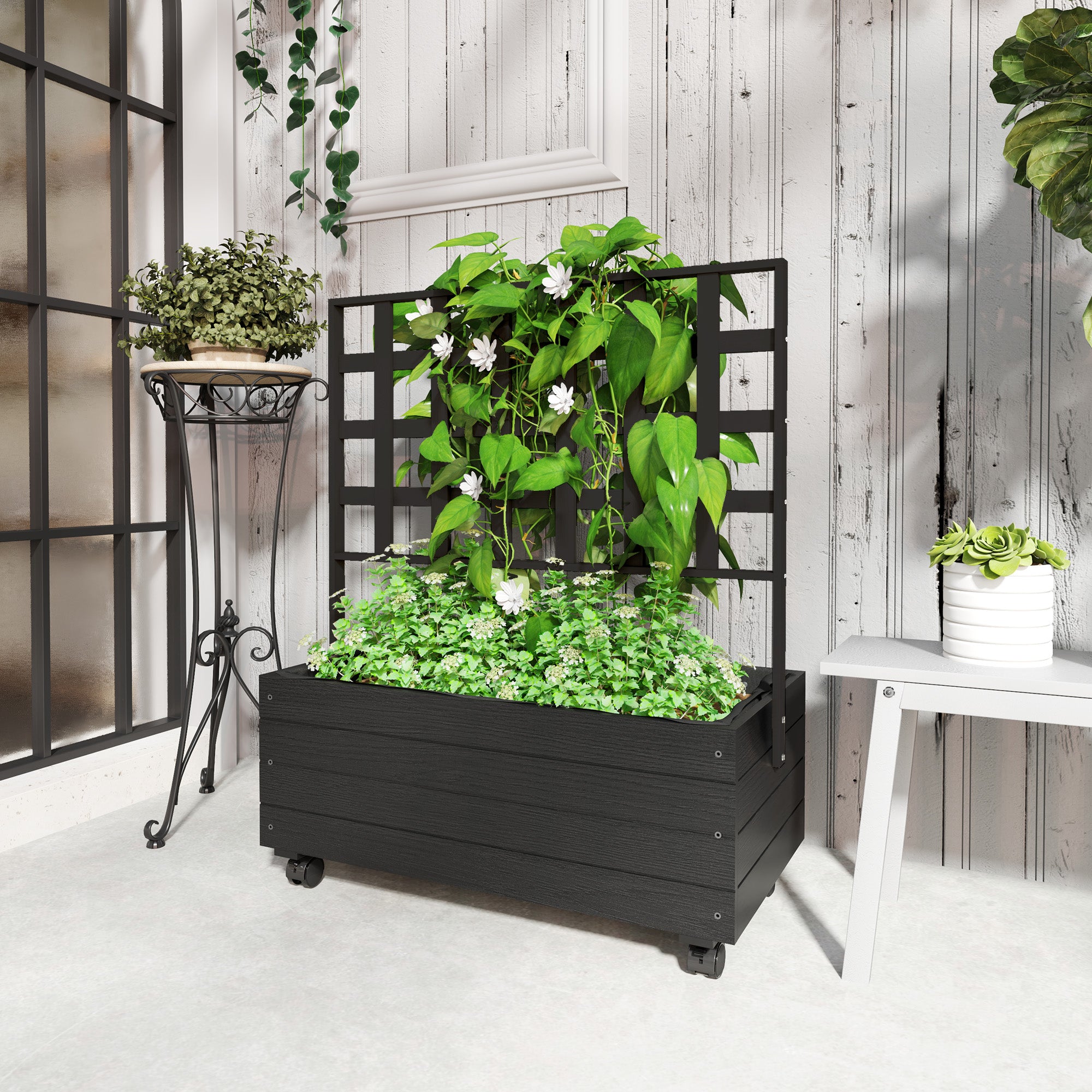 Raised Garden Bed with Trellis and Wheels, Outdoor Planter Wooden Elevated Garden Bed for Garden, Patio, Balcony - Black - Image 2
