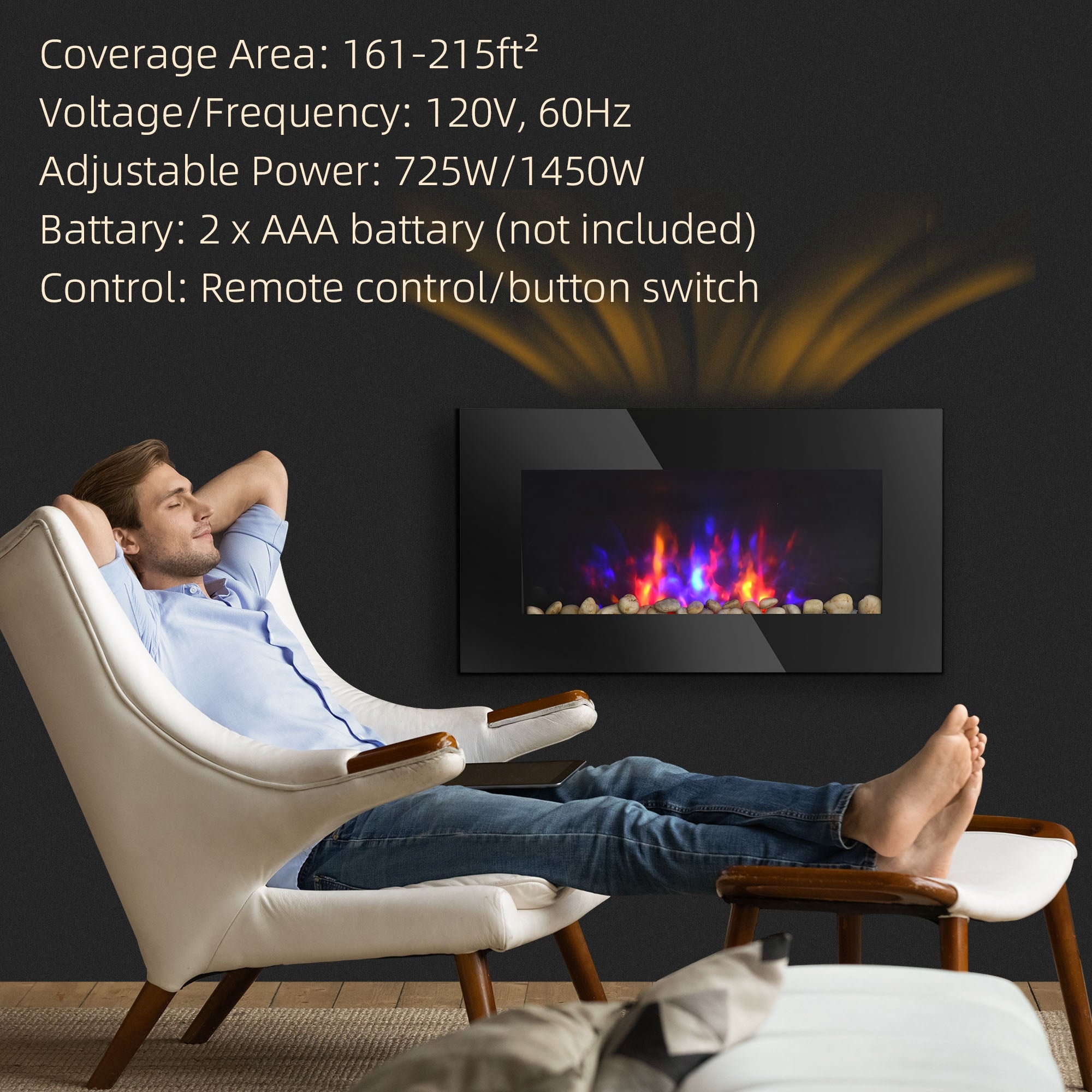 28.5" 1450W Electric Wall-Mounted Fireplace with Flame Effect, 7 Color Background Light, Black