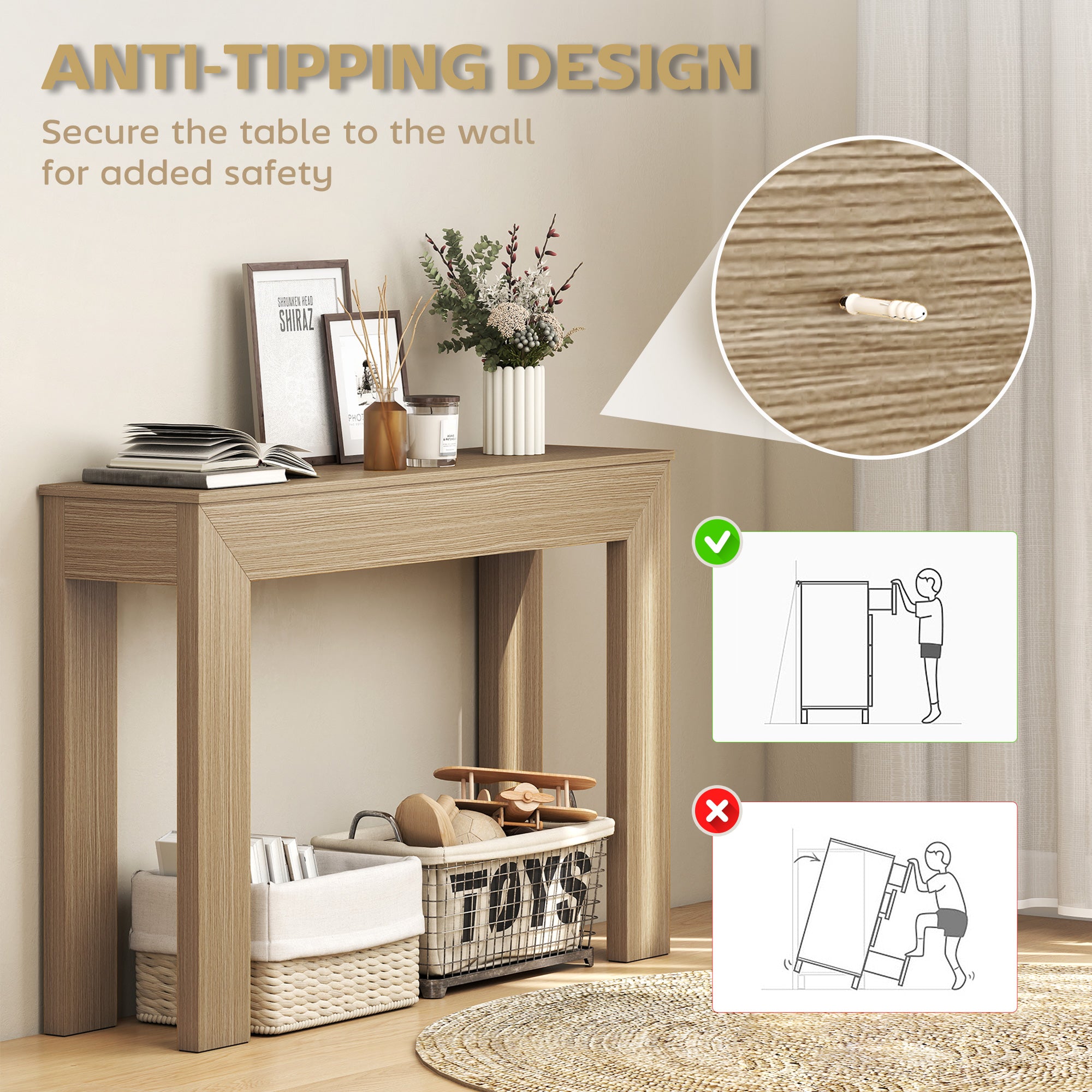 Modern Console Table, 47" Narrow Entryway Table, Natural Wood