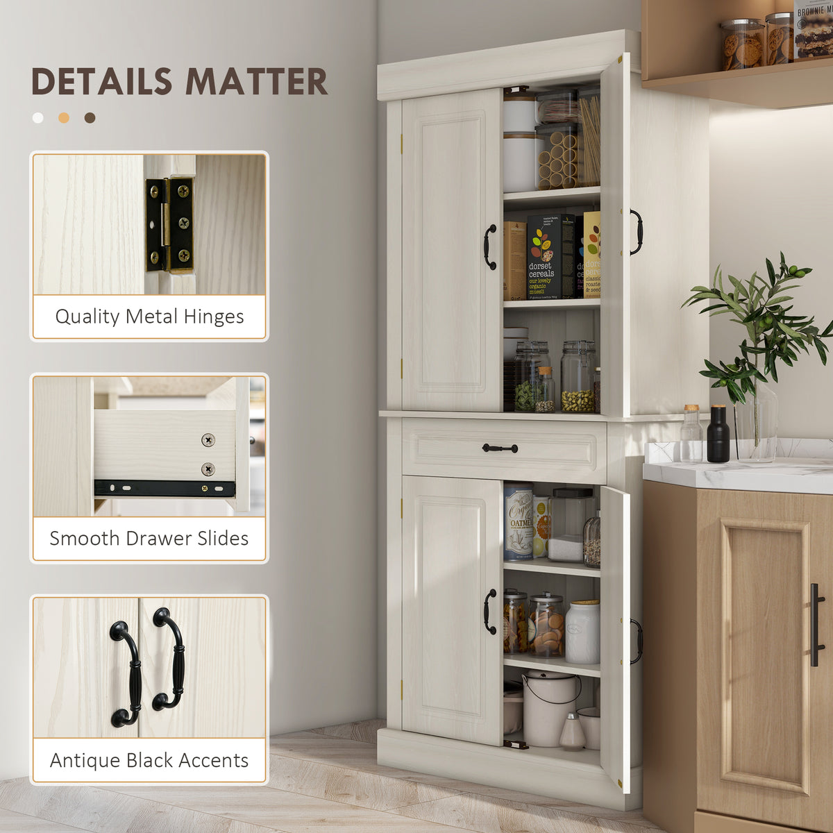 71" Freestanding Kitchen Pantry with 4 Doors and 2 Large Cabinets, Tall Storage Cabinet with Drawer, Distressed White