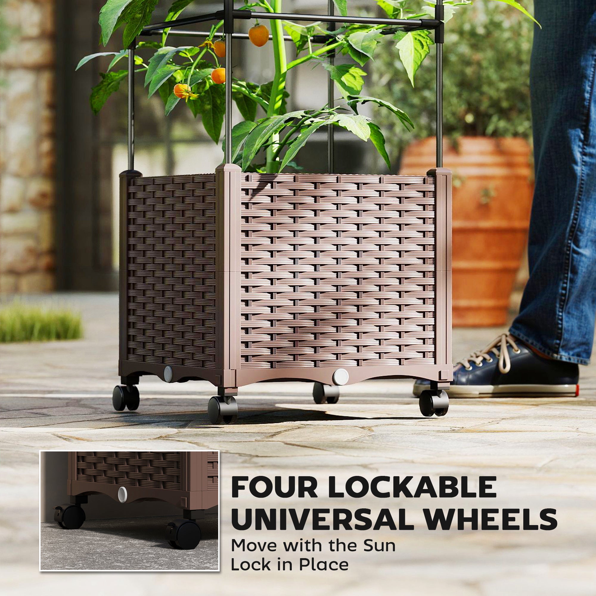 Raised Garden Bed with Trellis, Tomato Cage with Lockable Wheels, Self Watering Planter Box with Drainage Holes, Brown - Brown - Image 7