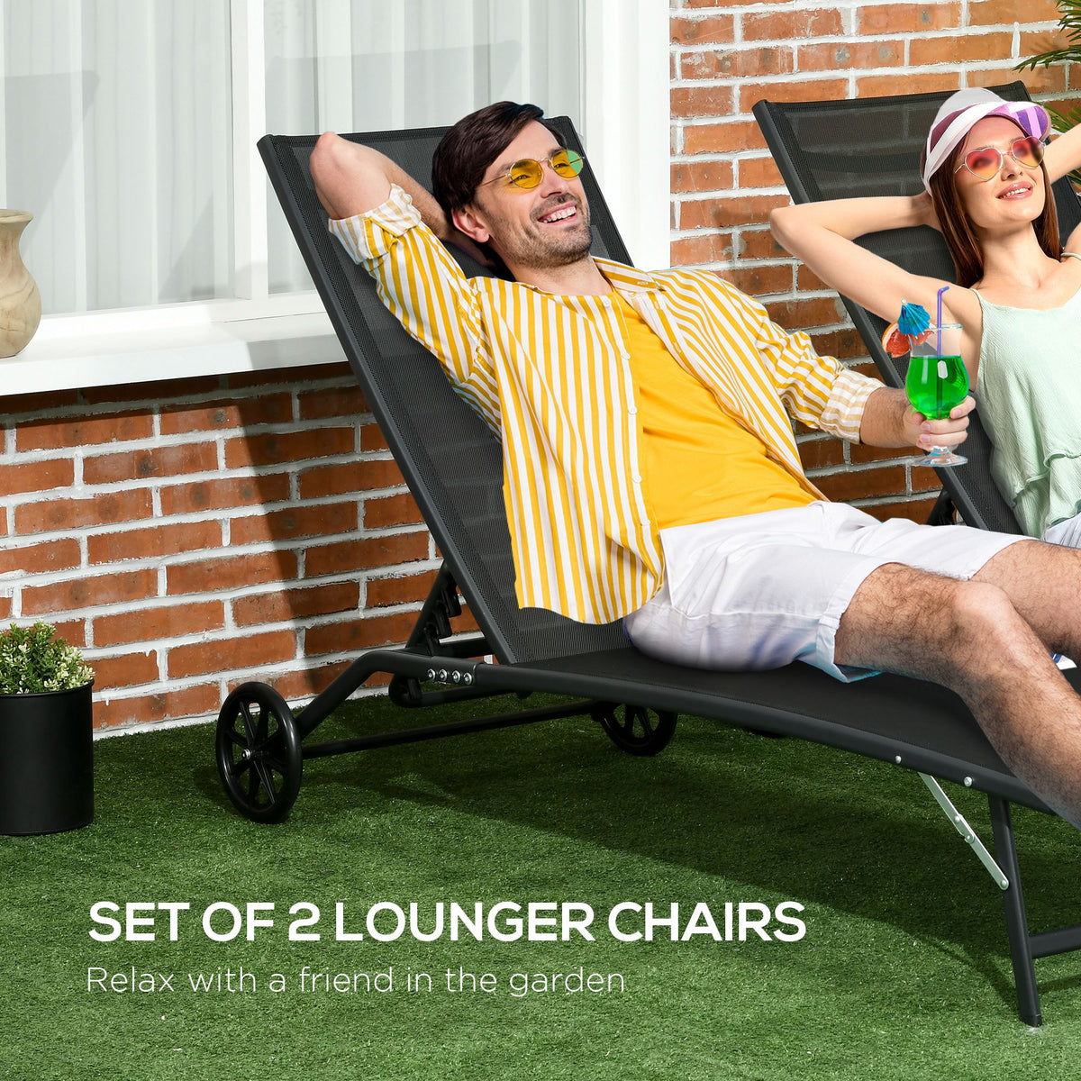 Chaise Lounge Outdoor, 2 Piece Lounge Chair with Wheels, Tanning Chair with 5 Adjustable Positions, Black