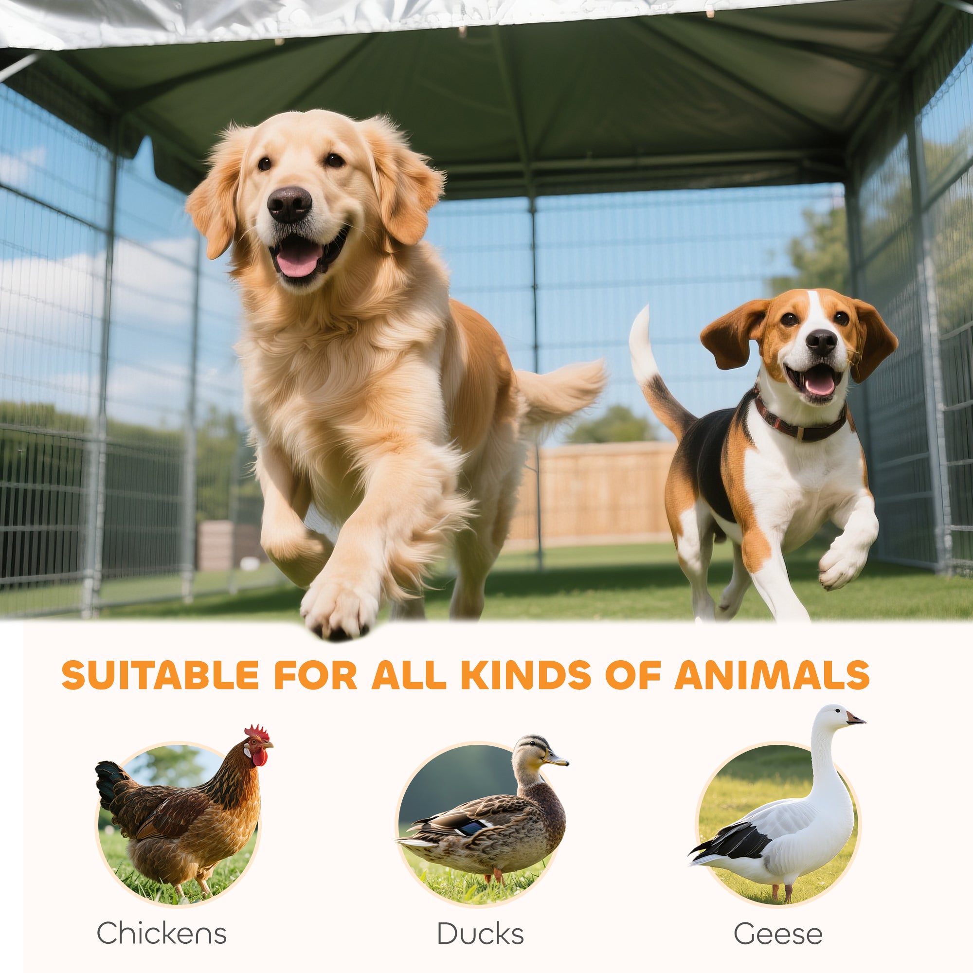 Outdoor Dog Kennel with Adjustable & Rotatable Bowl Rack, Waterproof Cover, Secure Lock, 19.7' x 7.5' x 5.2' - Silver - Image 5