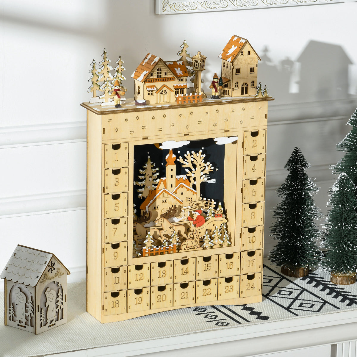 Christmas Advent Calendar, Wooden Countdown to Christmas Table Decoration with 24 Drawers, Lights, Battery Operated