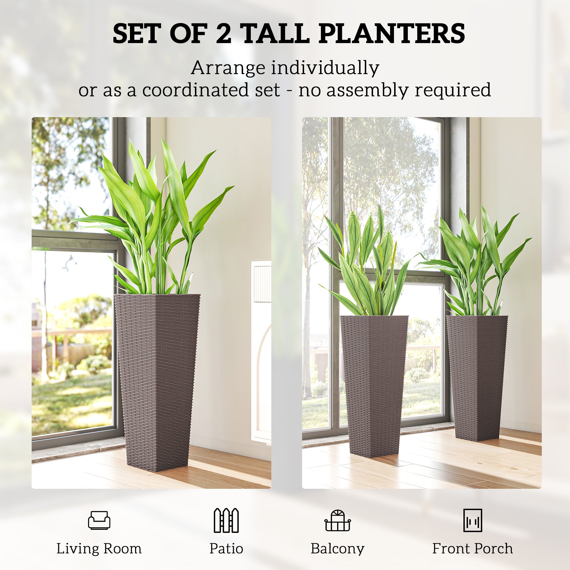 32 Inch Tall Planters for Outdoor Plants, Set of 2 Plastic Flower Pots with Drainage Holes, Brown - Brown - Image 4