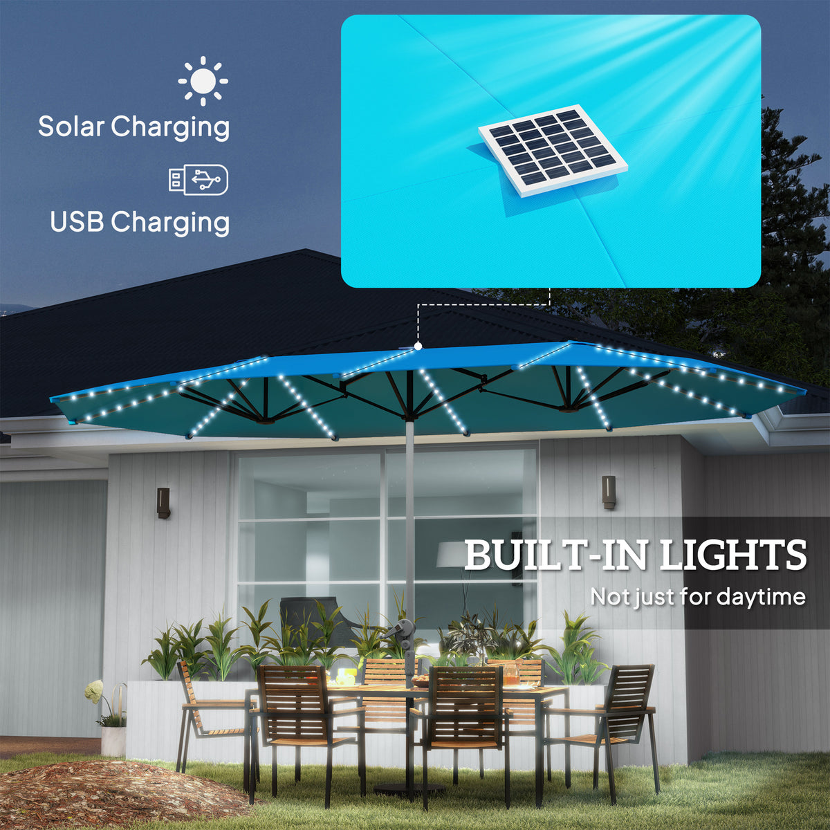 15ft Double-Sided Outdoor Umbrella with Solar Lights, UPF50+ Extra Large Aluminum Patio Umbrella with Crank, Blue