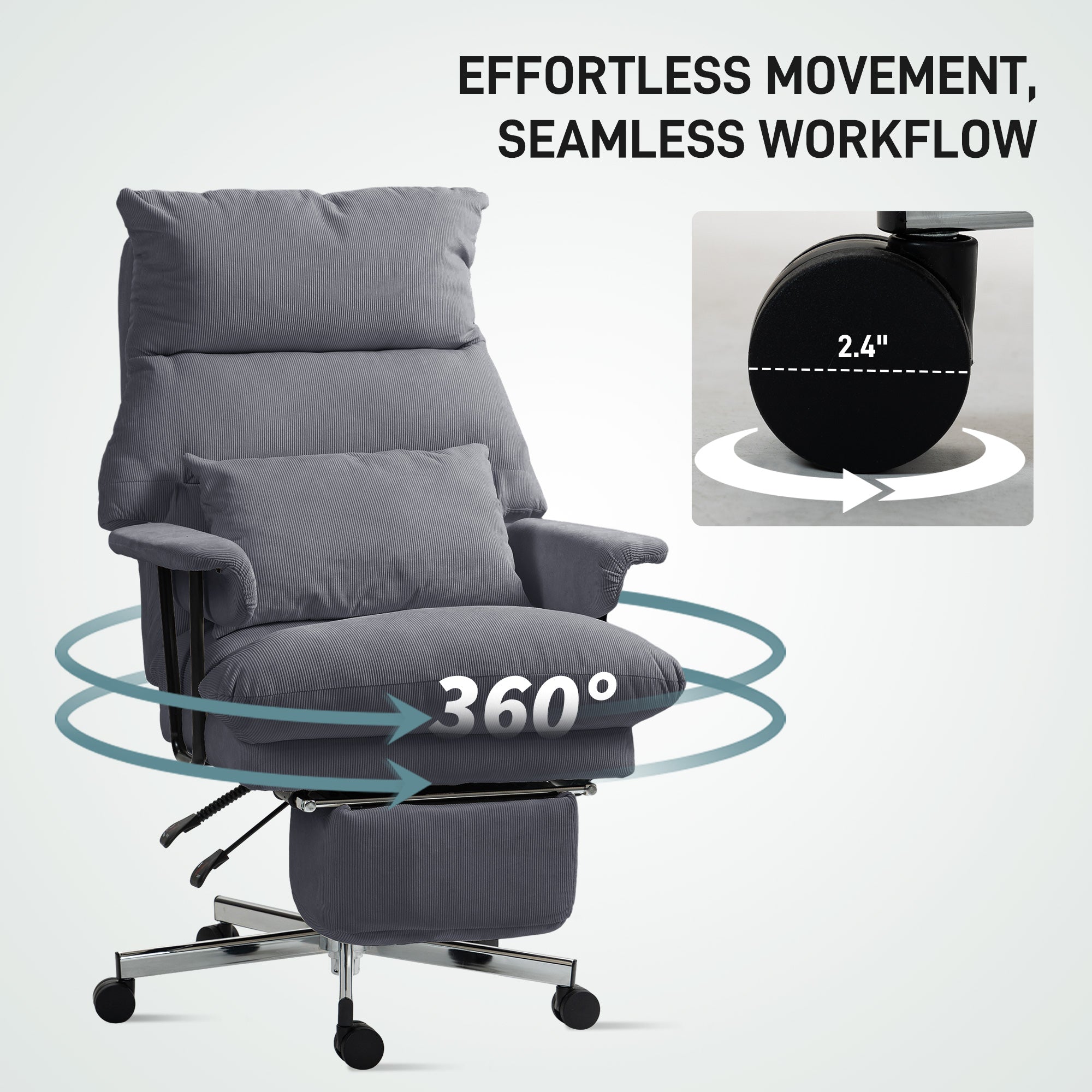 Executive Office Chair with Lumbar Support, Footrest, High Back Reclining Overstuffed Desk Chair with, Gray
