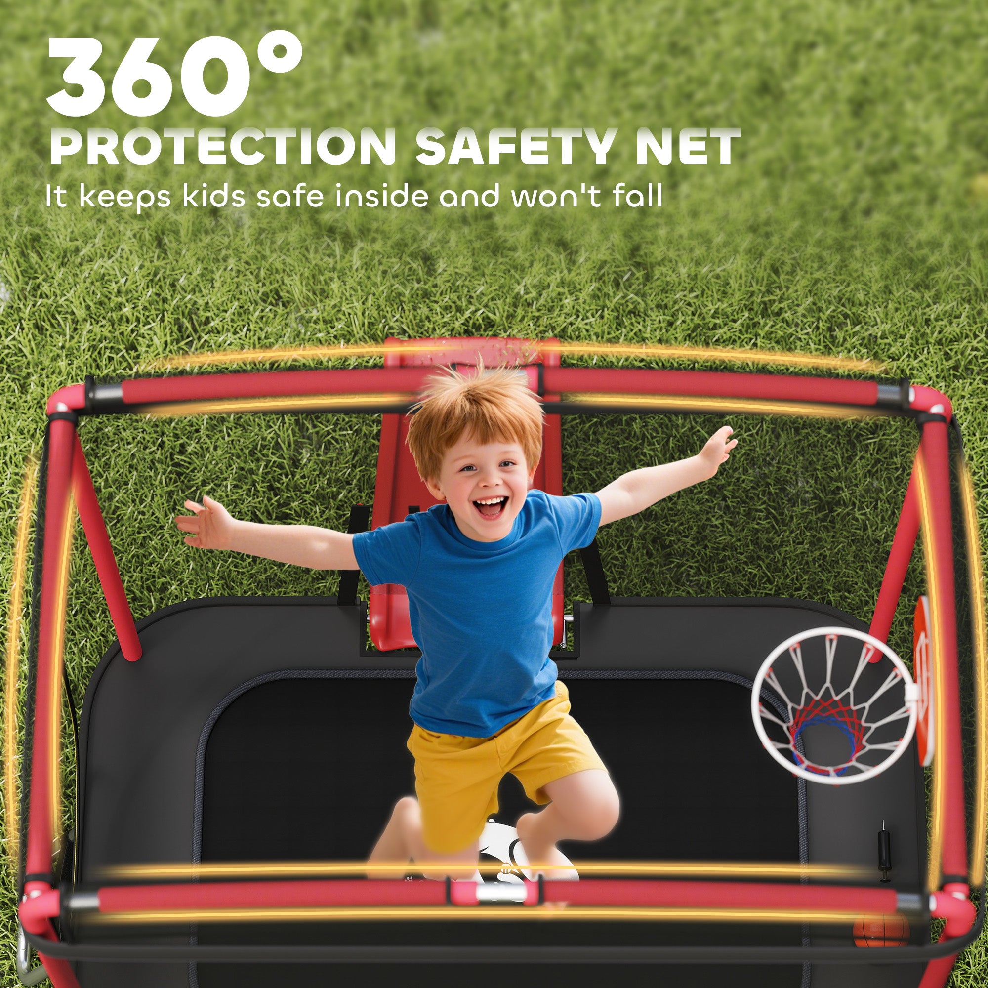 4 x 6FT Trampoline for Kids Indoor & Outdoor with Slide, Swing, Basketball Hoop and Safety Enclosure, Red