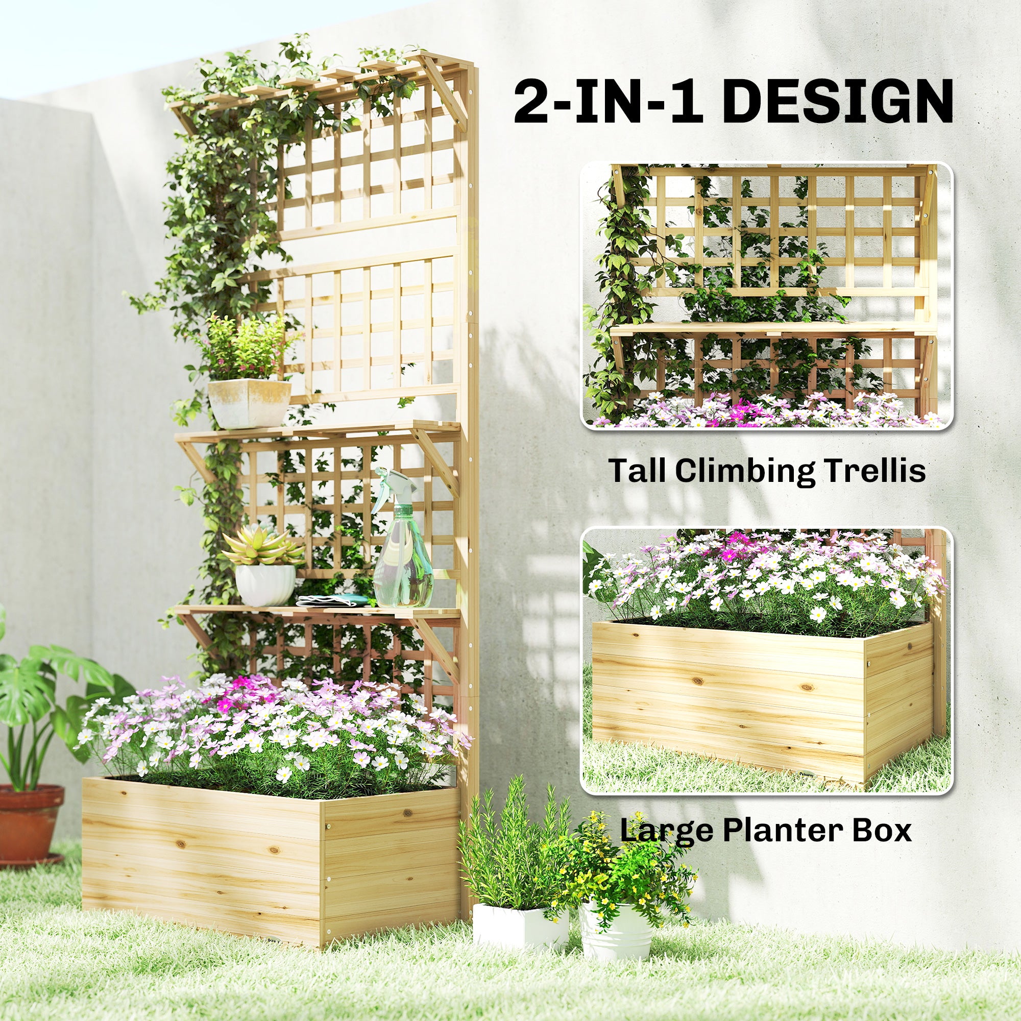 Wooden Raised Garden Bed with Trellis and Roof, Elevated Planter Box with 2 Shelves, Drainage Hole and Liner, Natural - Natural Wood - Image 4