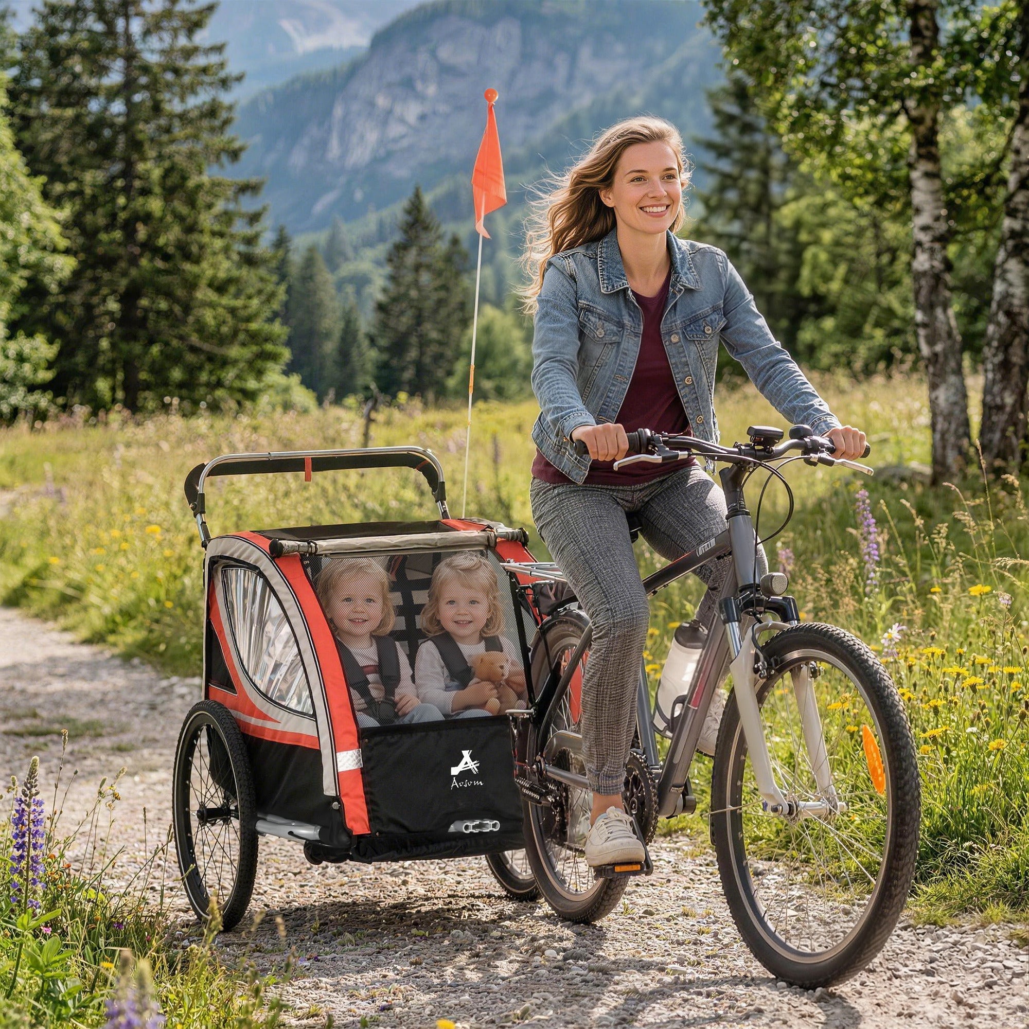 3-in-1 Bike Trailer for Kids, Running Stroller with 2 Seats, Jogging Cart with 5-Point Harness, Storage Units, Red