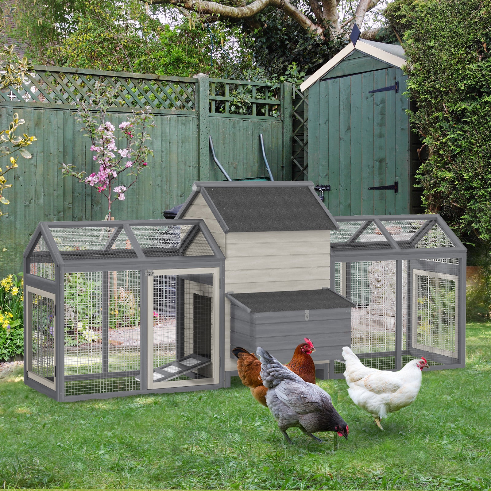 100" Chicken Coop Wooden Chicken House Large Rabbit Hutch Poultry Cage Backyard with Double Run, Nesting Box, Gray - Gray - Image 2