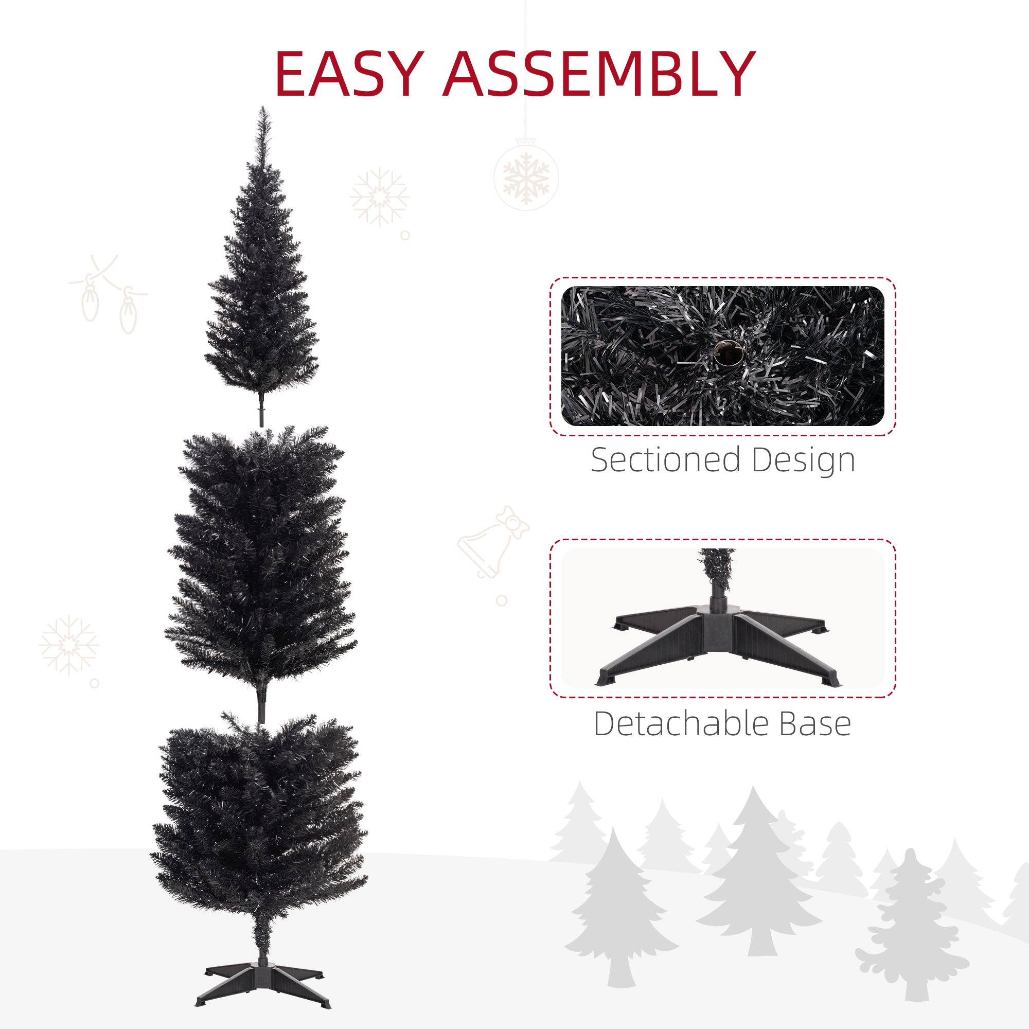 7ft Pencil Christmas Tree, Slim Artificial Christmas Tree with Realistic Branches and Warm White LED Lights, Black