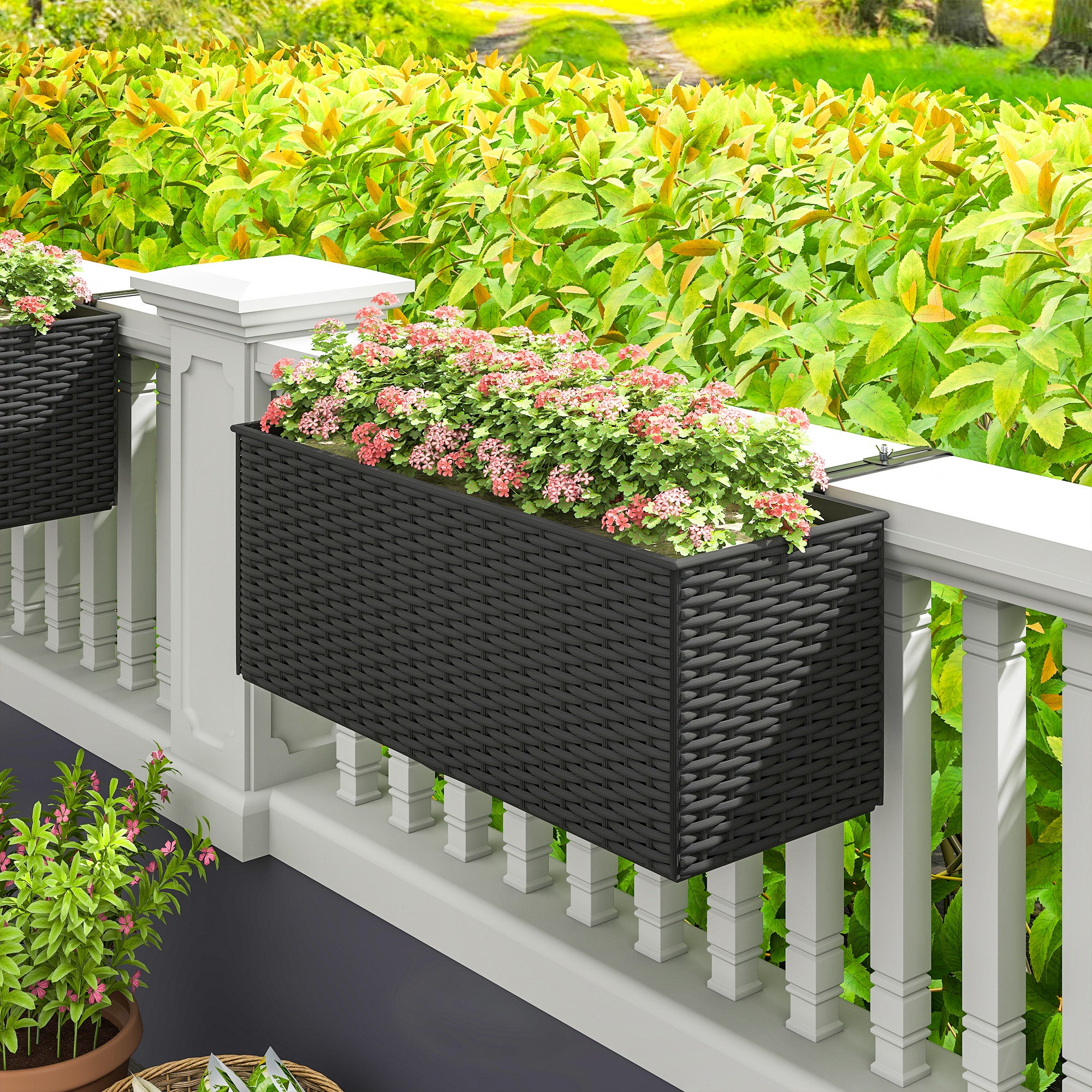 2 Pack 20 Inch Railing Flower Pots, Hanging Flower Pots with Hooks, Drainage Holes for Fence, Rattan Look, Black - Black - Image 8