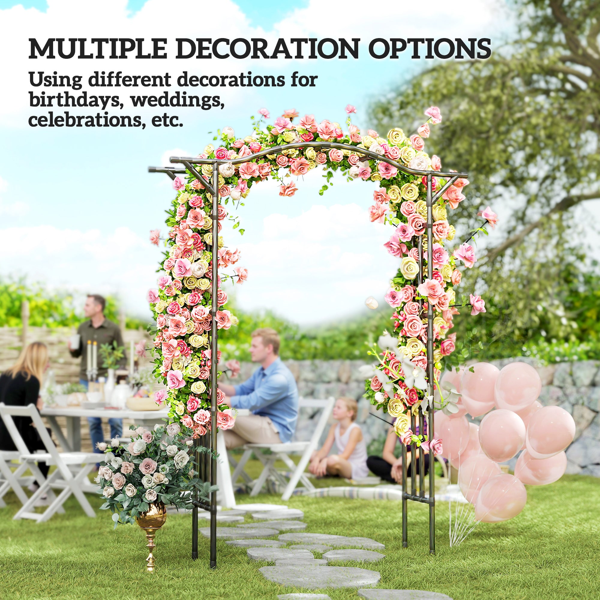 Garden Arch, PE-Coated Steel Garden Arch Trellis with Extended Top, Black - Black - Image 8