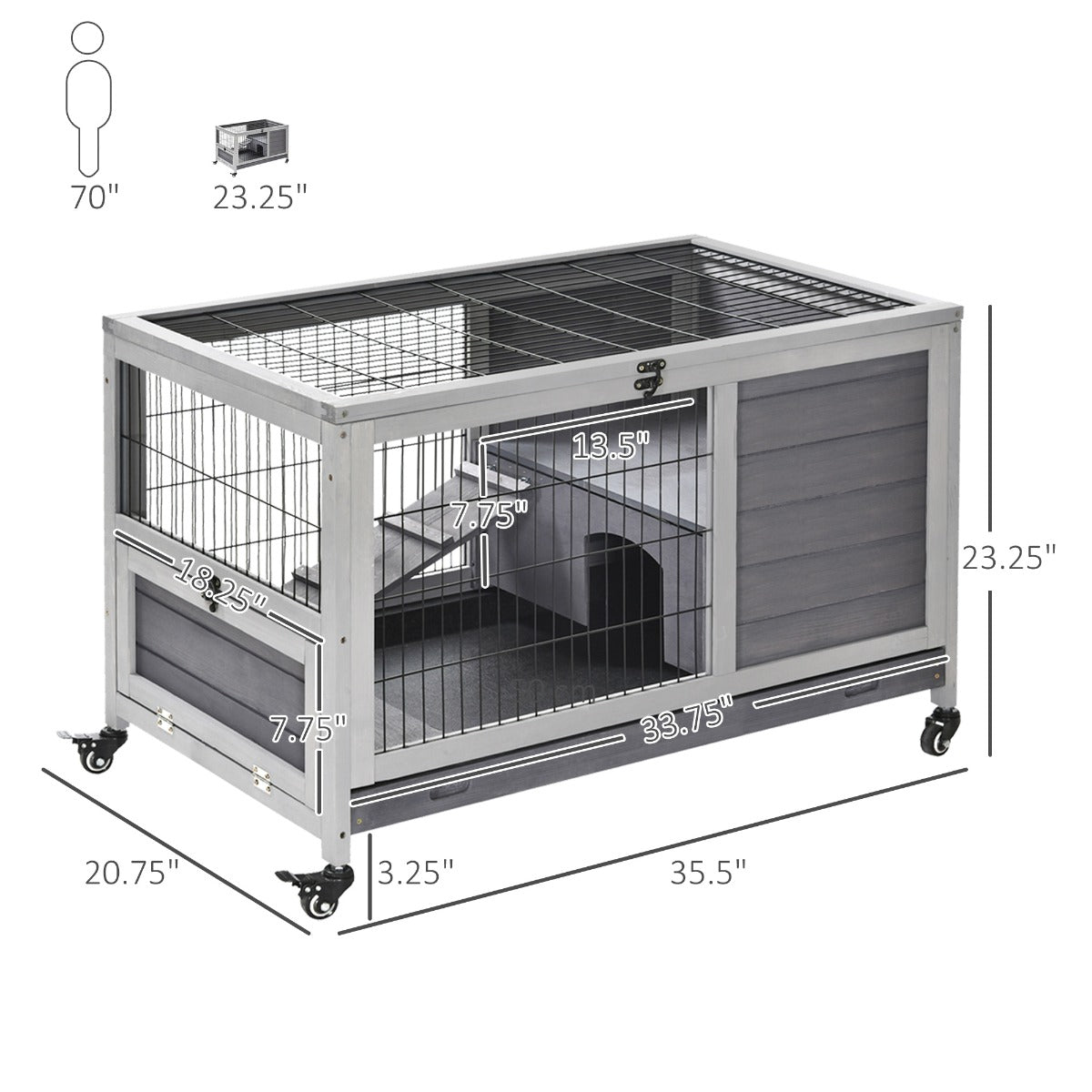 Indoor Rabbit Enclosure, Wooden Elevated Cage Habitat with Enclosed Run with Wheels - Ideal for Rabbits and Guinea Pigs - Grey - Image 3