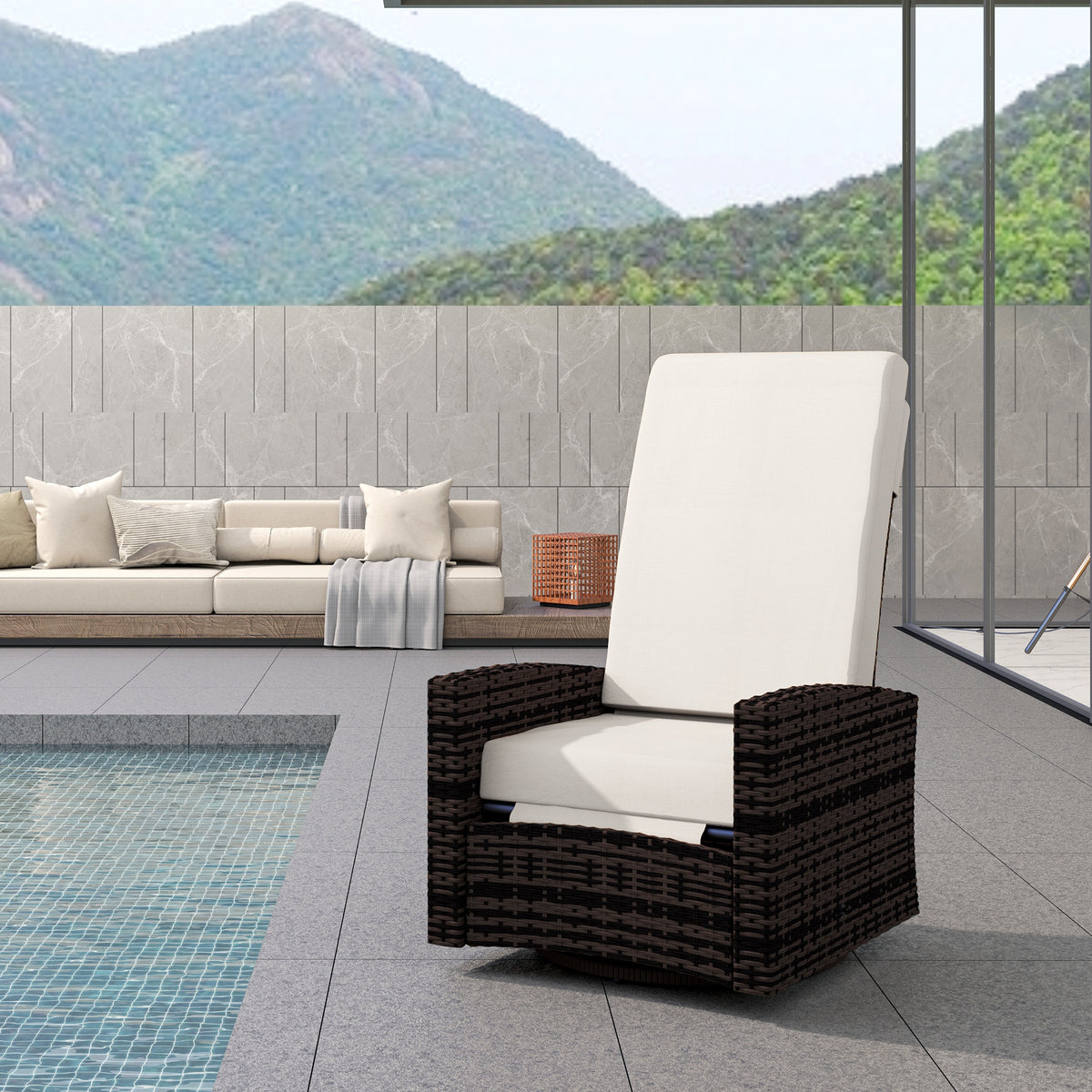 Outdoor Wicker Swivel Recliner Chair, Lifting Footrest, 360° Rotating Basic, Water-resistant Cushions, Khaki
