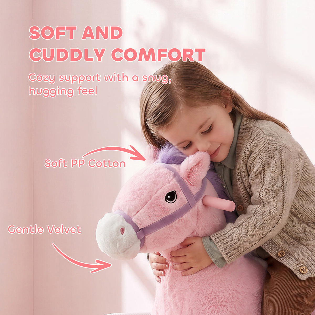 Kids Spring Rocking Horse, Ride on Horse with Neighing Sounds, Plush Animal Ride on Toy for Ages 3+ Years, Pink