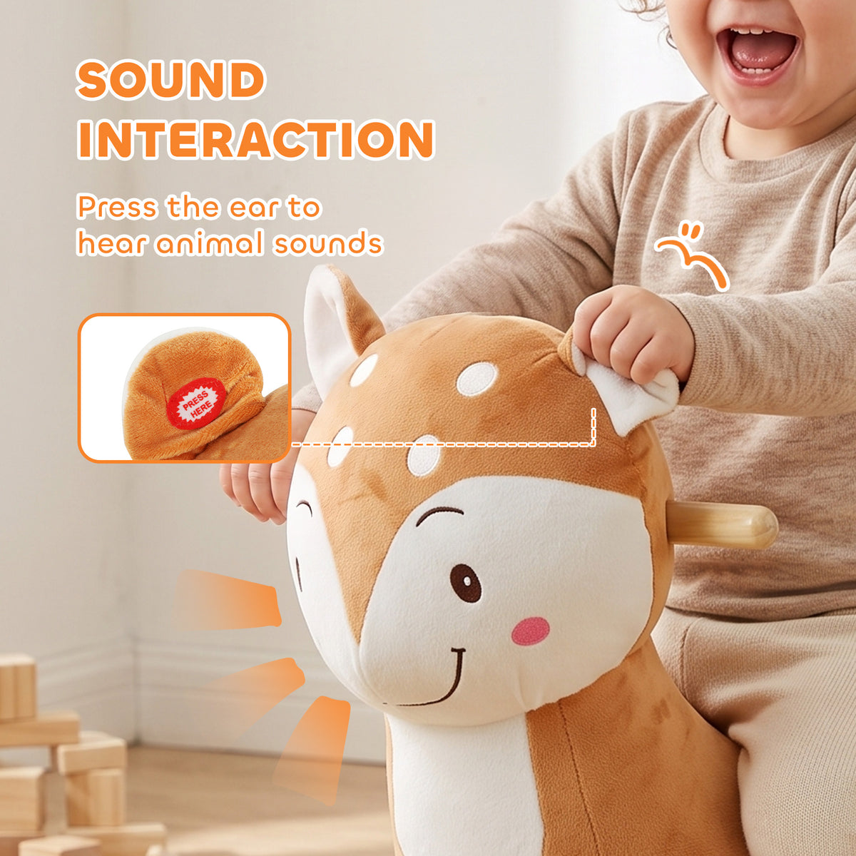 Baby Rocking Horse, Spotted Deer Rocking Horse Toy with Sounds, Seat Belt and Widened Base for Toddlers 1-3 Y, Brown