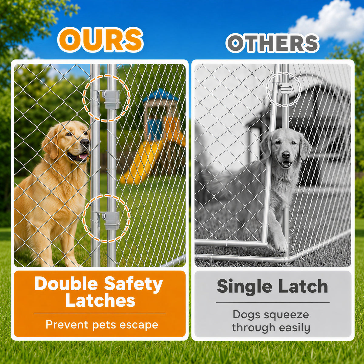 Heavy Duty Outdoor Dog Kennel with Waterproof Roof, 2 Secure Latches, Chain Link Dog Run for Backyard, 20' x 15' x 8'