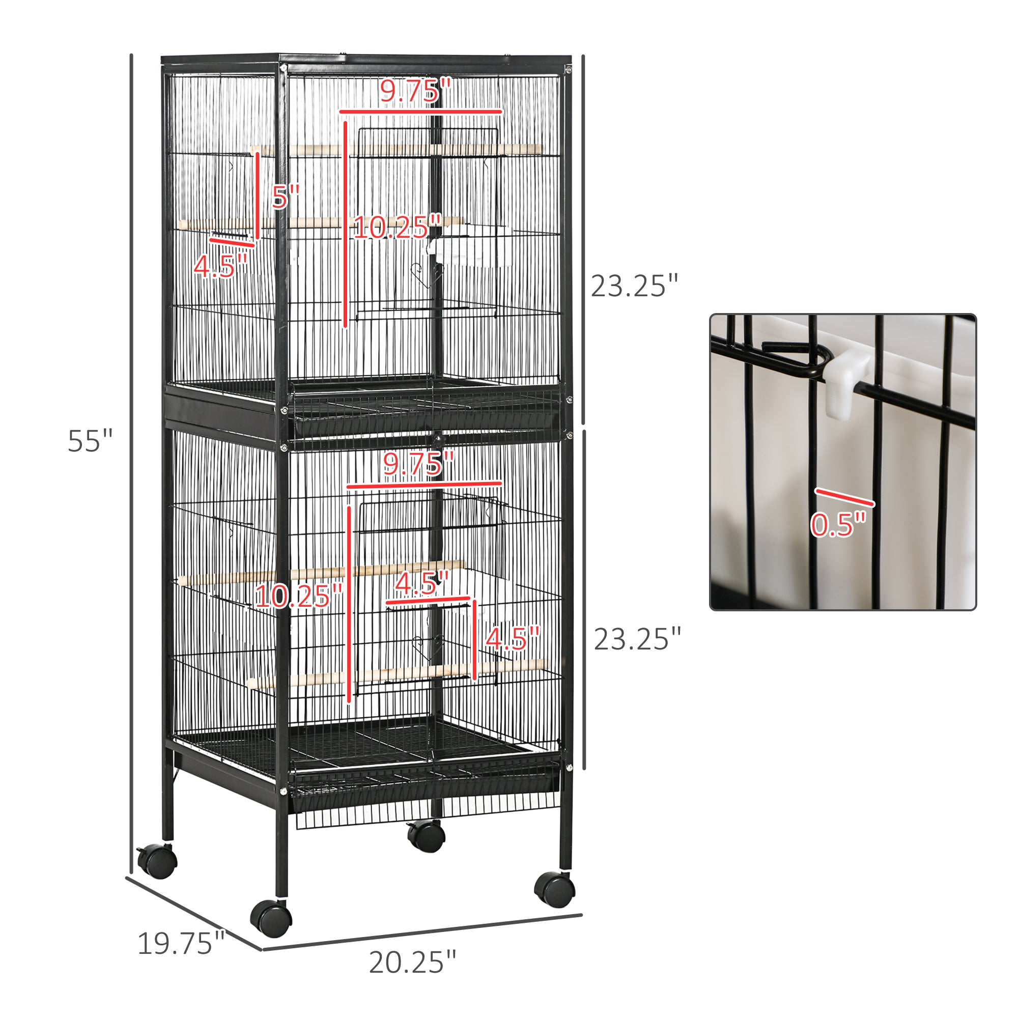 55" 2 In 1 Bird Cage Aviary Parakeet House for finches, budgies with Wheels, Black - Black - Image 3
