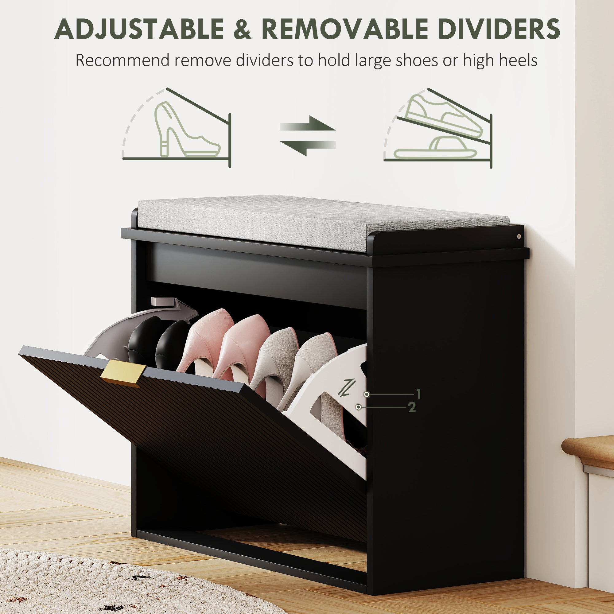 Shoe Storage Bench with Padded Seat Cushion and Flip-Drawer, Entryway Bench, Shoe Cabinet, 24.4x10.2x18.7 Inches, Black