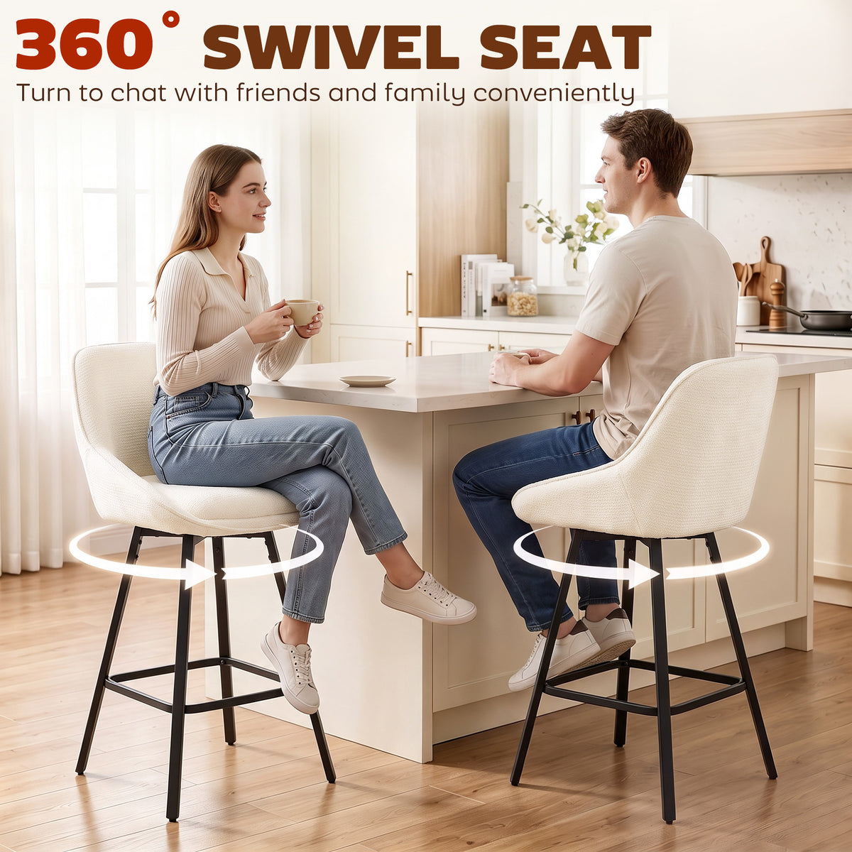 Bar Stools Modern Chenille 360° Swivel Barstools Counter Height Backrest Footrest Set 3, Cream White